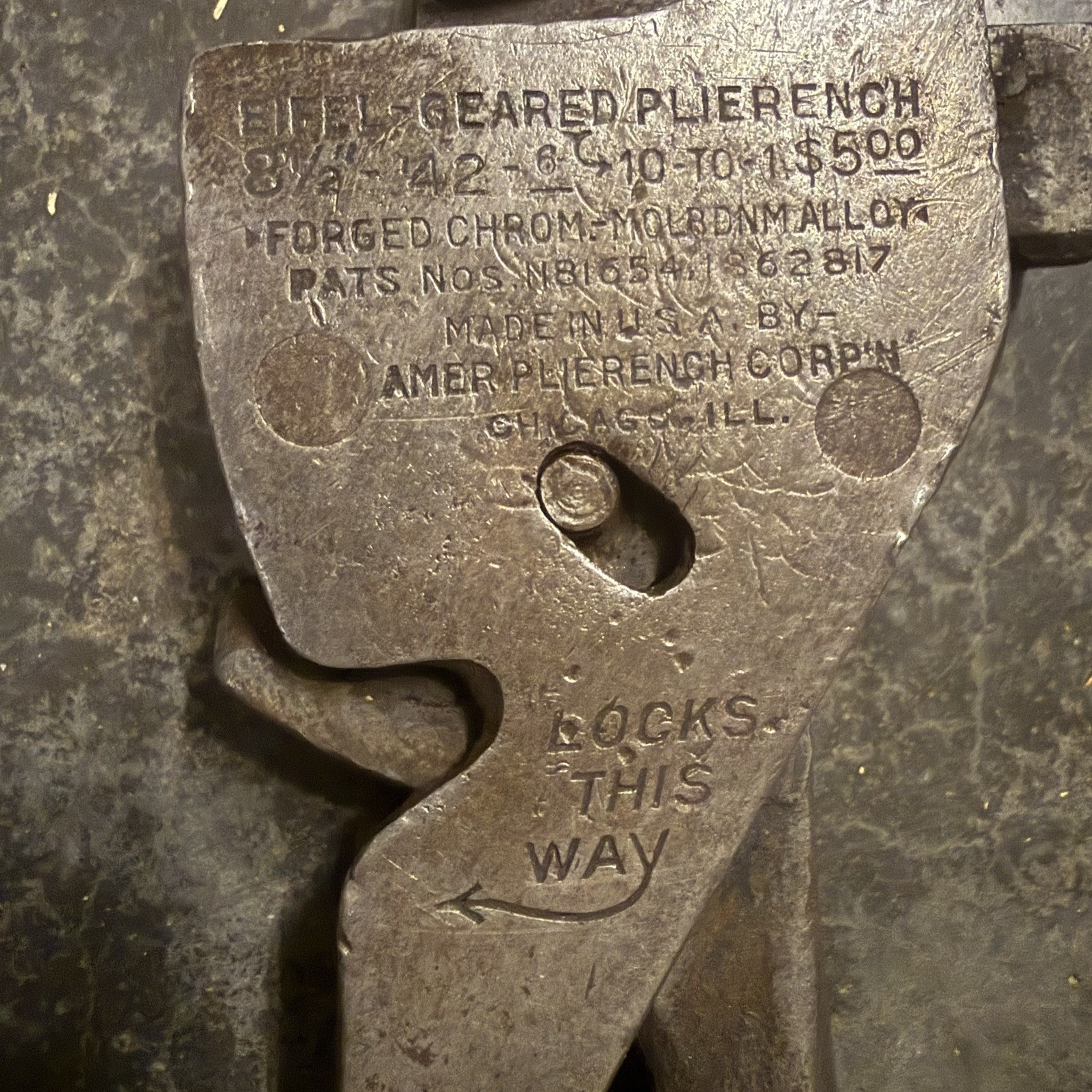 Vintage Eifel Geared Plierench 8.5in 10:1 Plier Wrench Chicago USA Patented