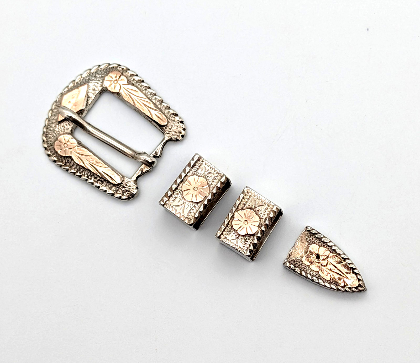 Vintage 1960s Mexico Silver w/Gold Applique 4-Pc Ranger Buckle Set - size 5/8\