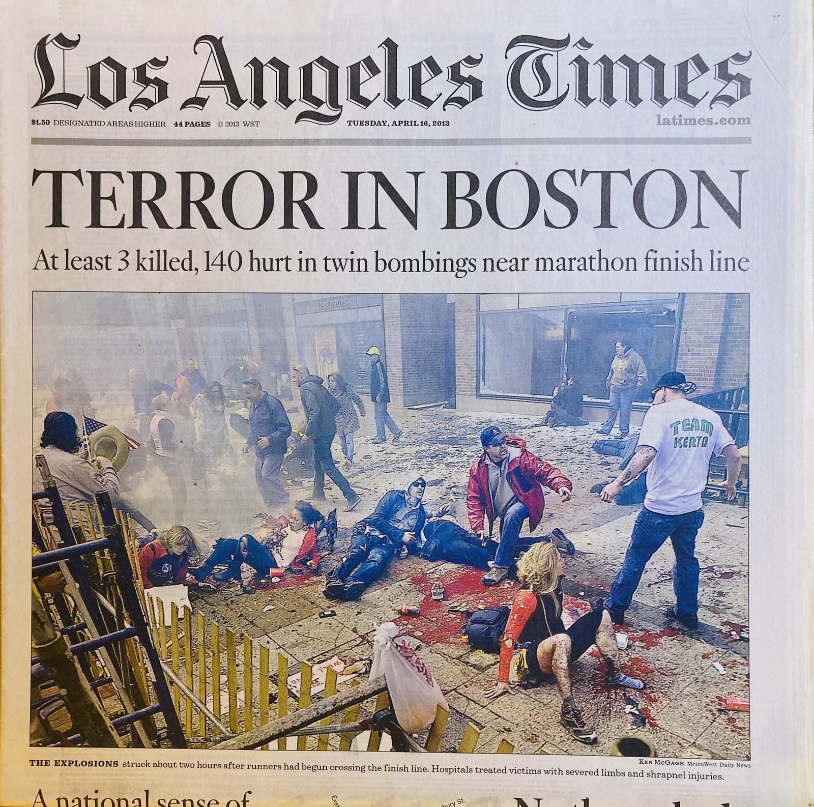 Boston Marathon Bombings Newspaper Los Angeles Times April 16th 2013 Terrorists