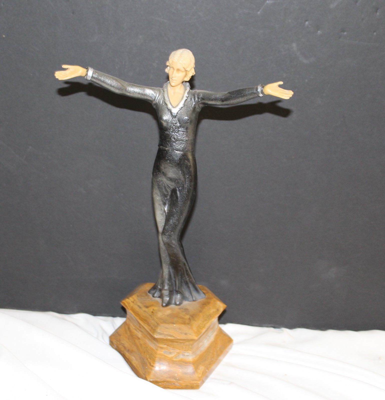 Art Deco Sculpture ,cast metal ,marble base ,Ivorine trpe hands/ head , England