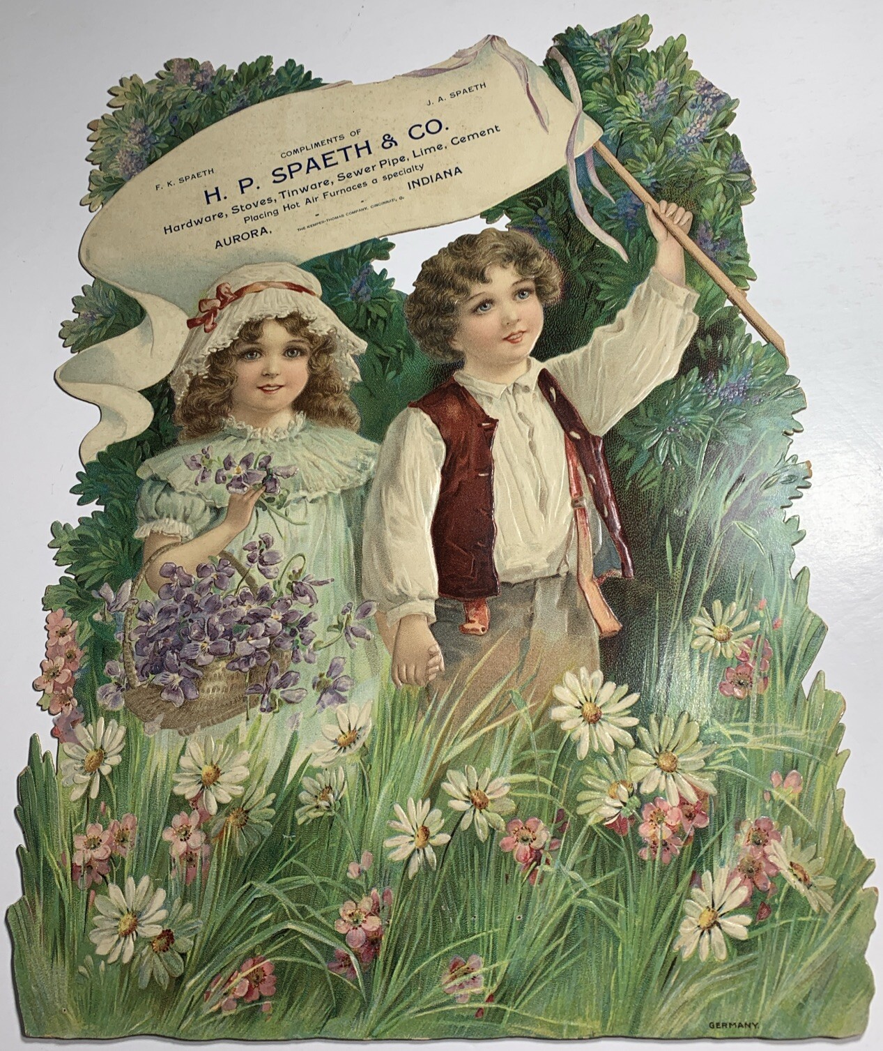 C -1910 Die Cut Calendar Litho Sign Aurora Indiana Spaeth Hardware Kids Flowers