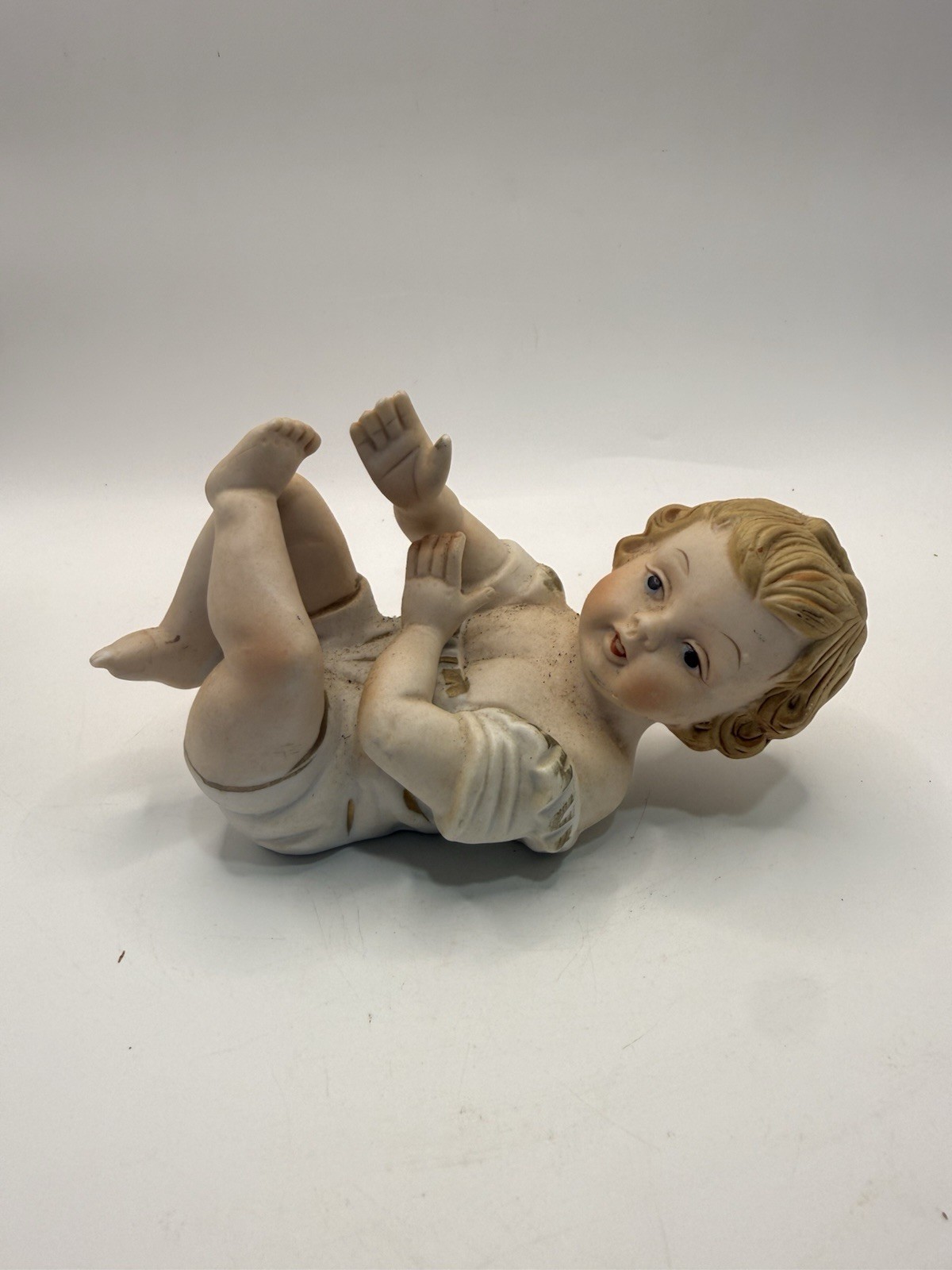 Vintage Bisque Porcelain Piano Baby Figurine Lying On Back * Vintage Bisque Porcelain Piano Baby Figurine Lying On Back *