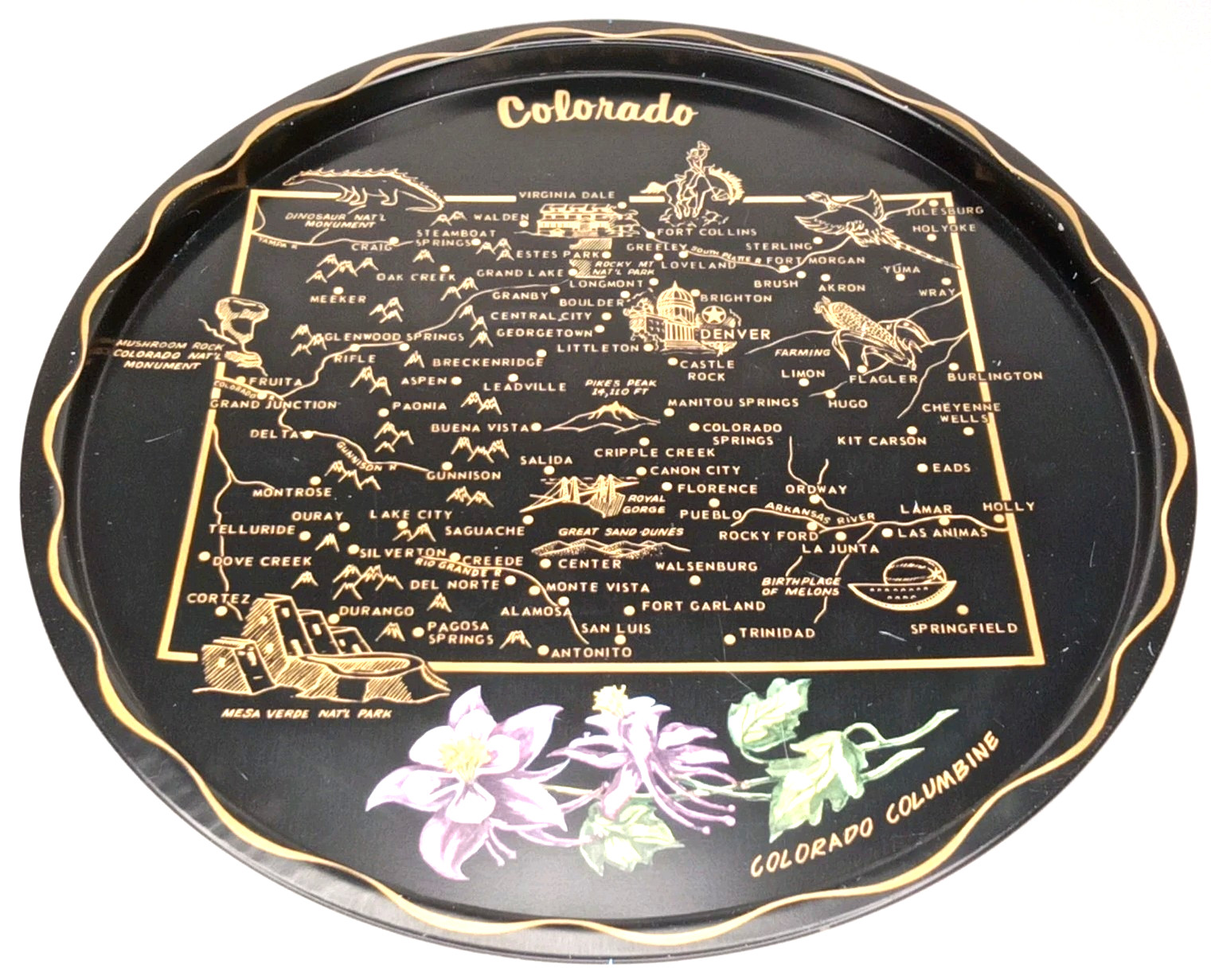 Vintage 1950s Social Supper Black Metal Colorado Souvenir Tray Made In USA