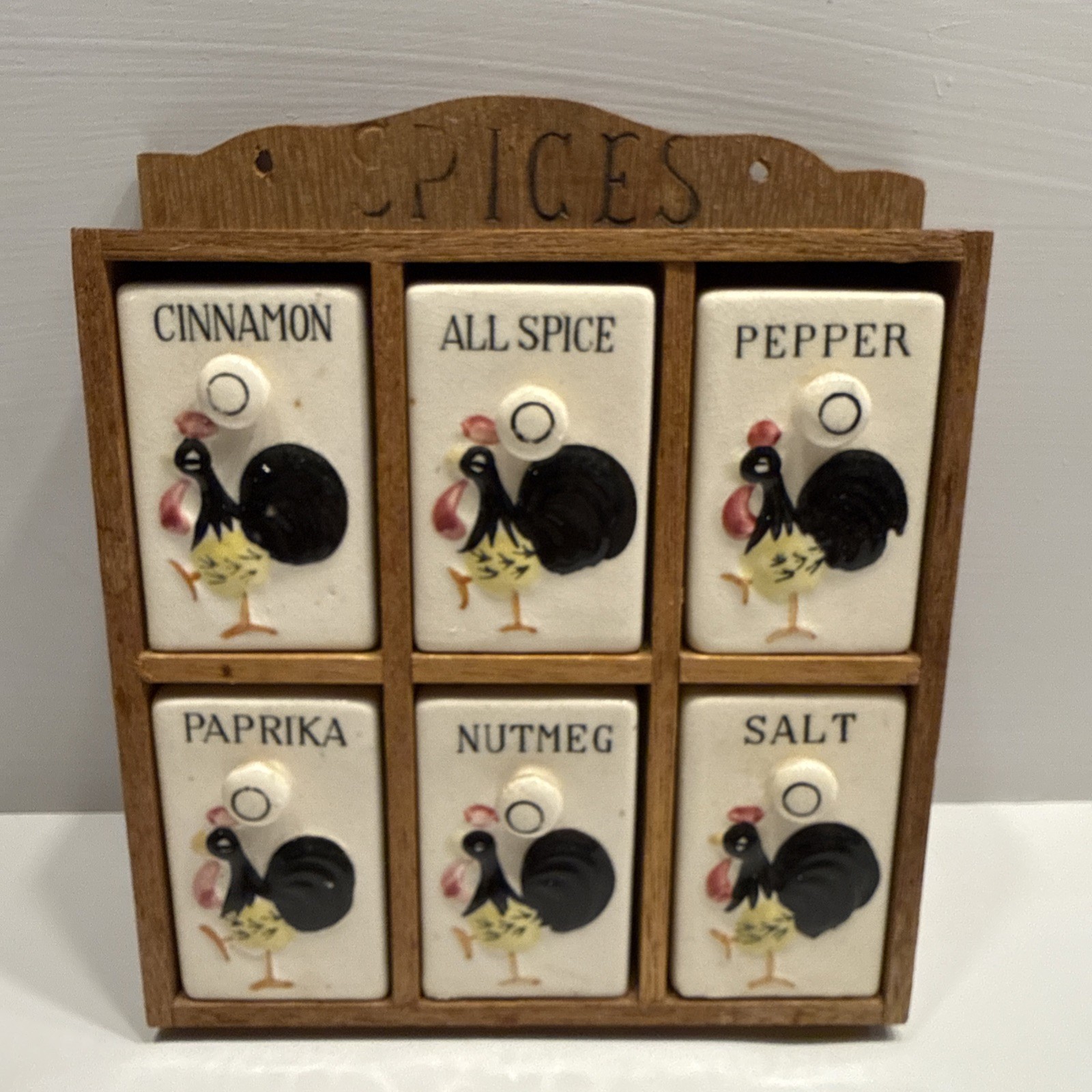 Spice Rack Vintage MCM 1950\'s Ceramic and Wood Roosters 6 Shakers