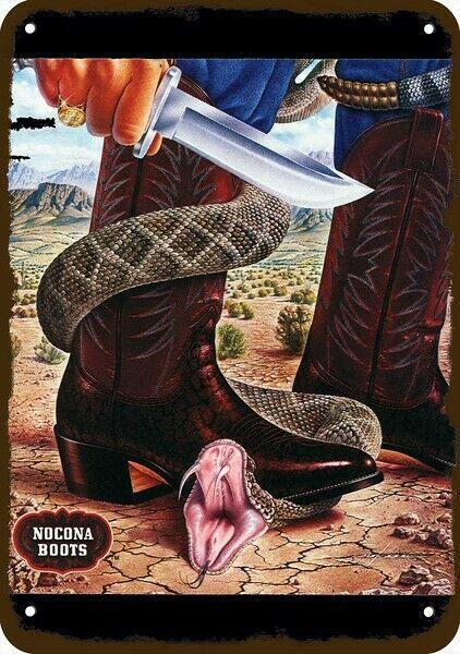 1979 NOCONA BOOTS Cowboy & Rattlesnake VintageLook DECORATIVE REPLICA METAL SIGN