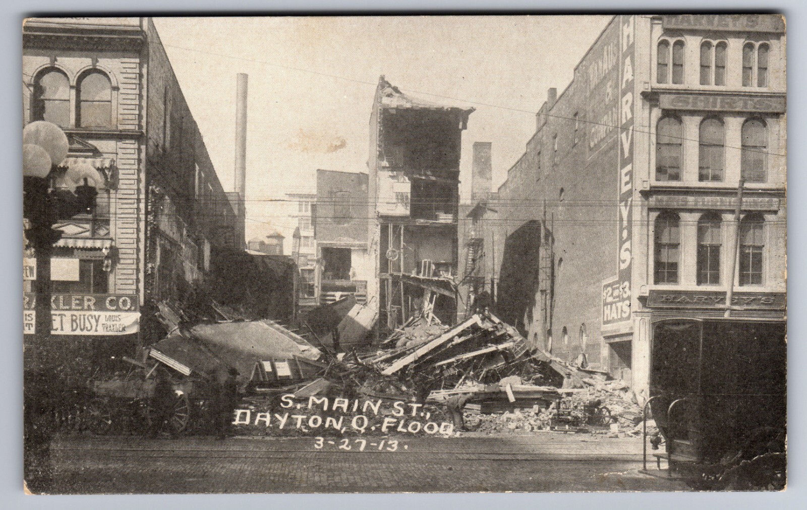 1913 DAYTON, OH OHIO FLOOD TRAXLER CO. HARVEY\'S HATS STORE HAENLEIN POSTCARD P49