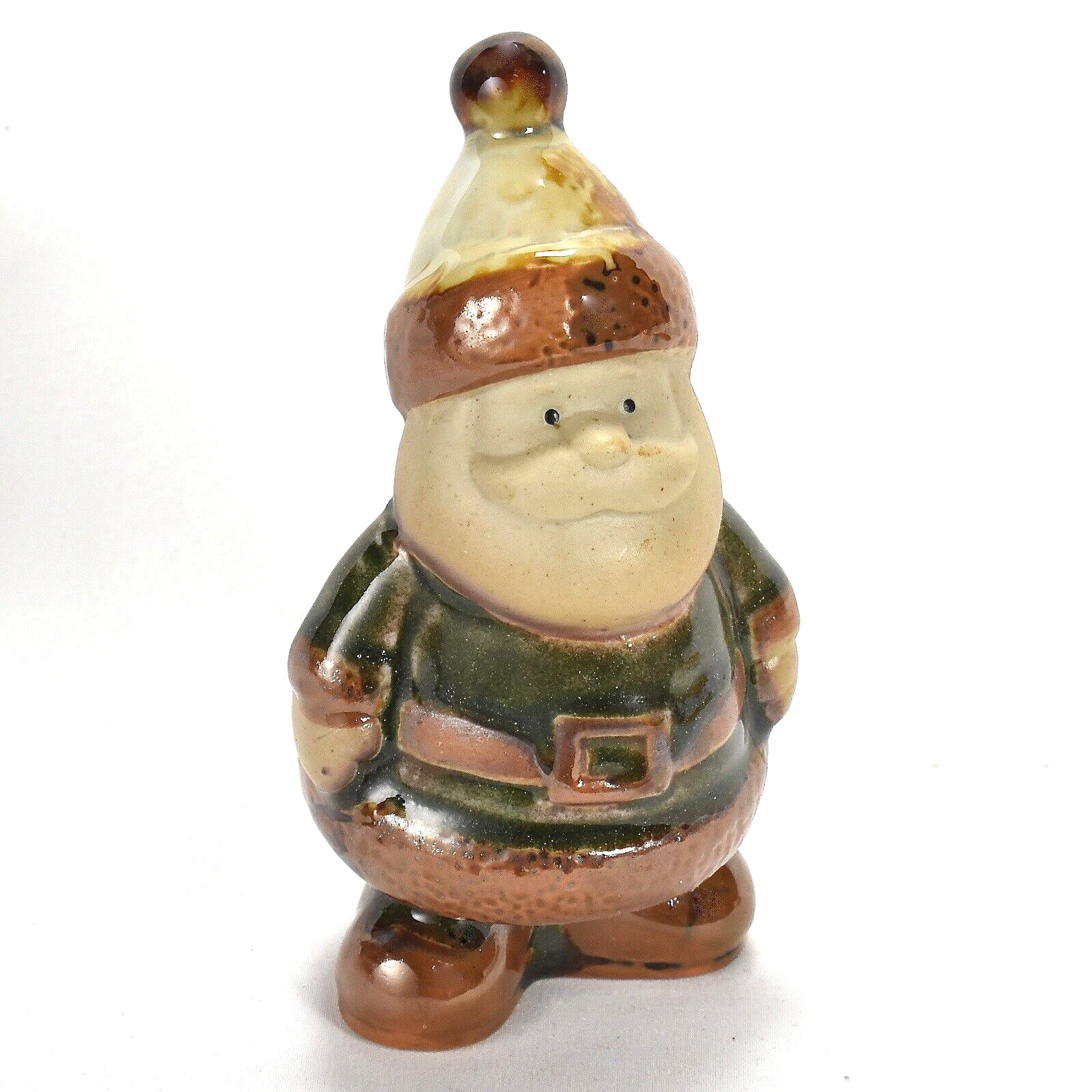 Santa Claus Christmas Figurine Green Brown Glazed Pottery Ceramic 4.5” Neutral