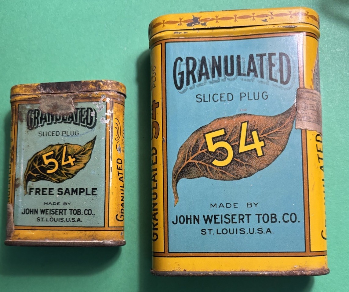 2 Vintage Granulated 54 John Weisert’s Pocket Tin St Louis Sample Different Size