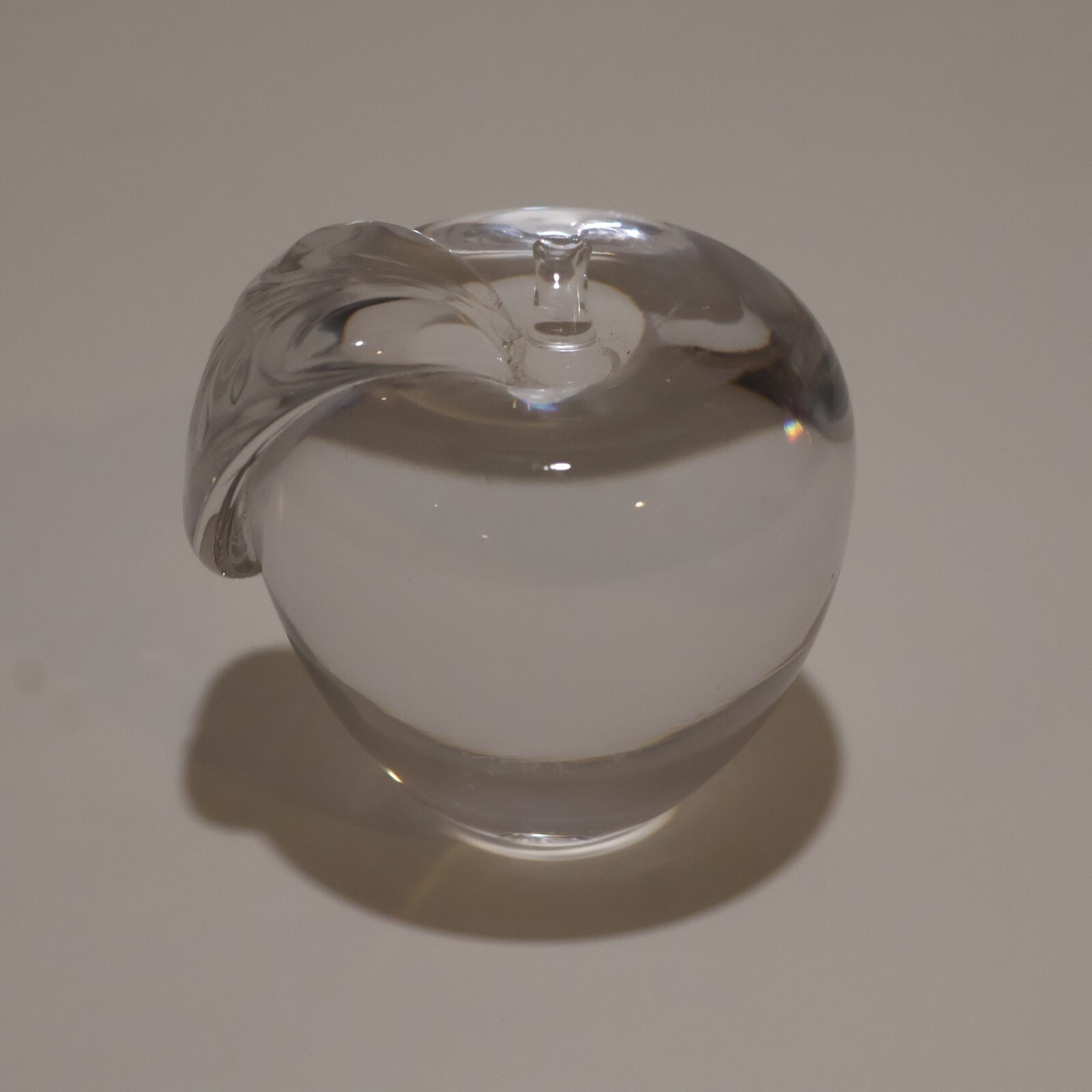 Crystal Glass Apple Paperweight Clear Glass Stem Leaf 3 inch