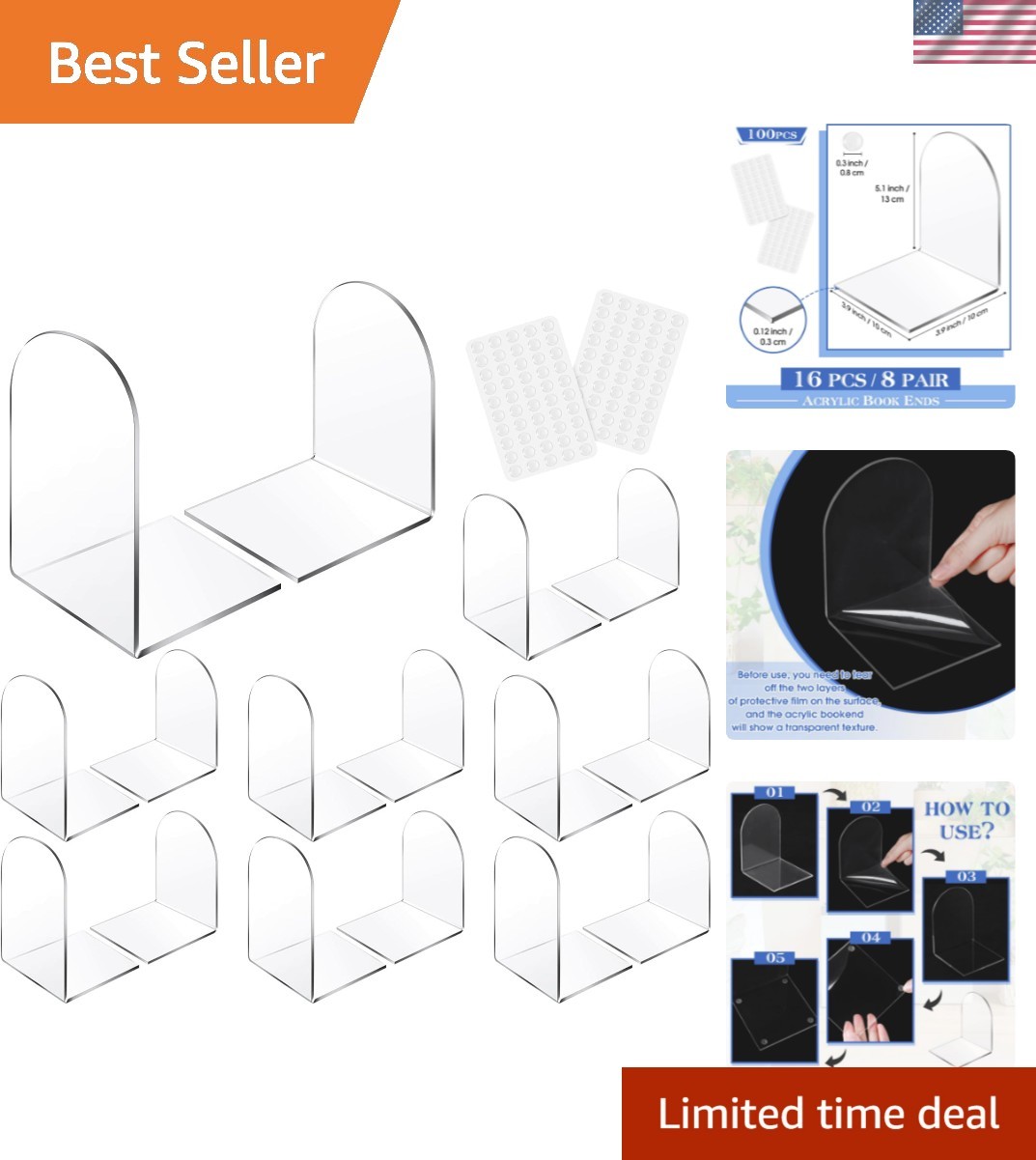 Versatile Clear Acrylic Bookends with Non-Skid Pads - Perfect for Home & Office Versatile Clear Acrylic Bookends with Non-Skid Pads - Perfect for Home & Office