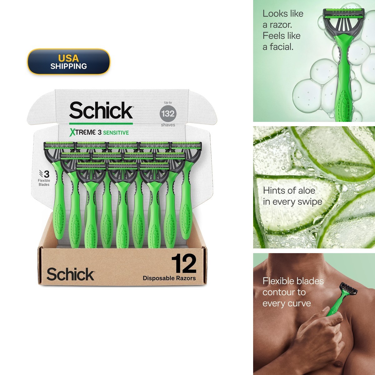 Schick Xtreme 3 Sensitive 3-Blade Disposable Razors for Men, 12 ct