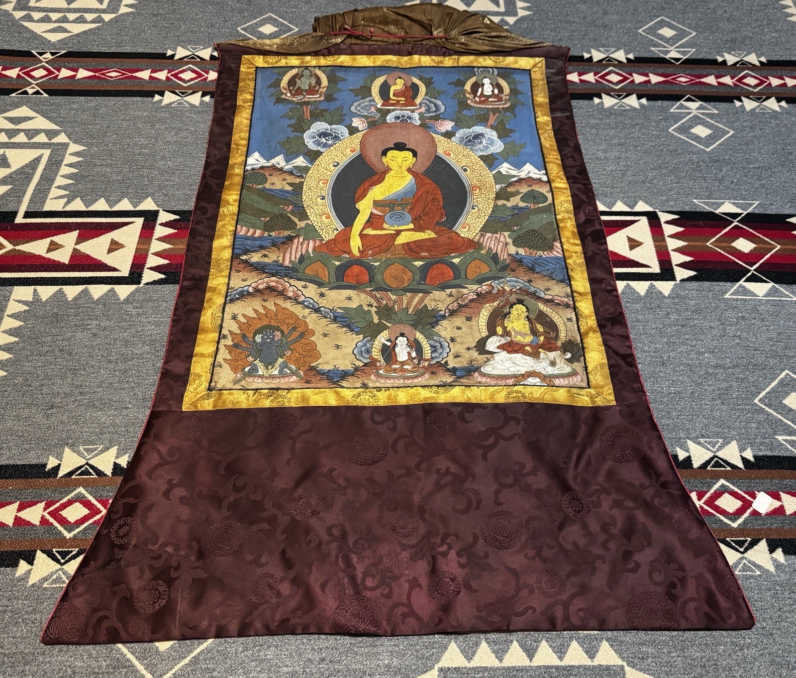 Vintage Tibetan Buddhist Thangka Painting Buddha Deities Silk Brocade 23x33.5