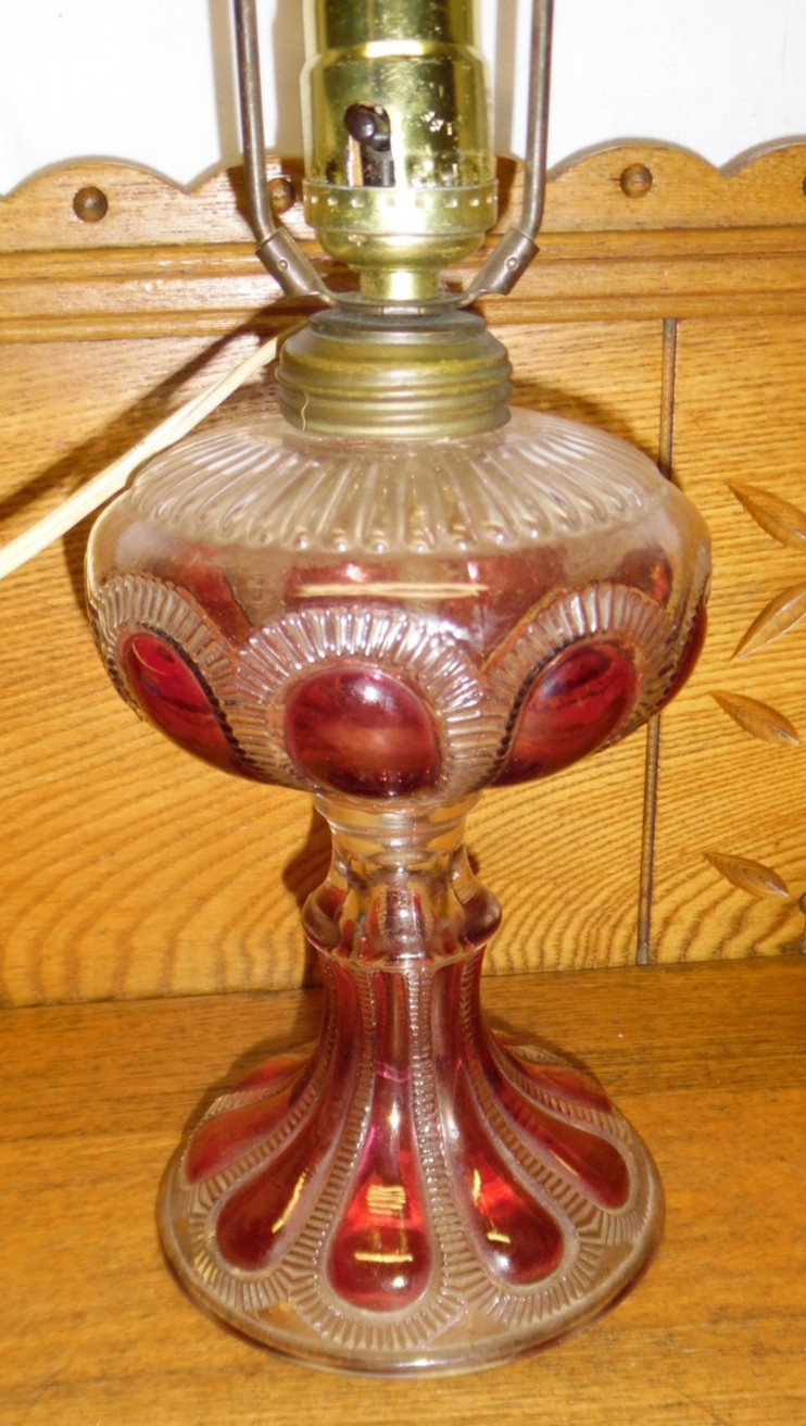 Antique Pressed Ruby Glass Electrified Kerosene Table Lamp