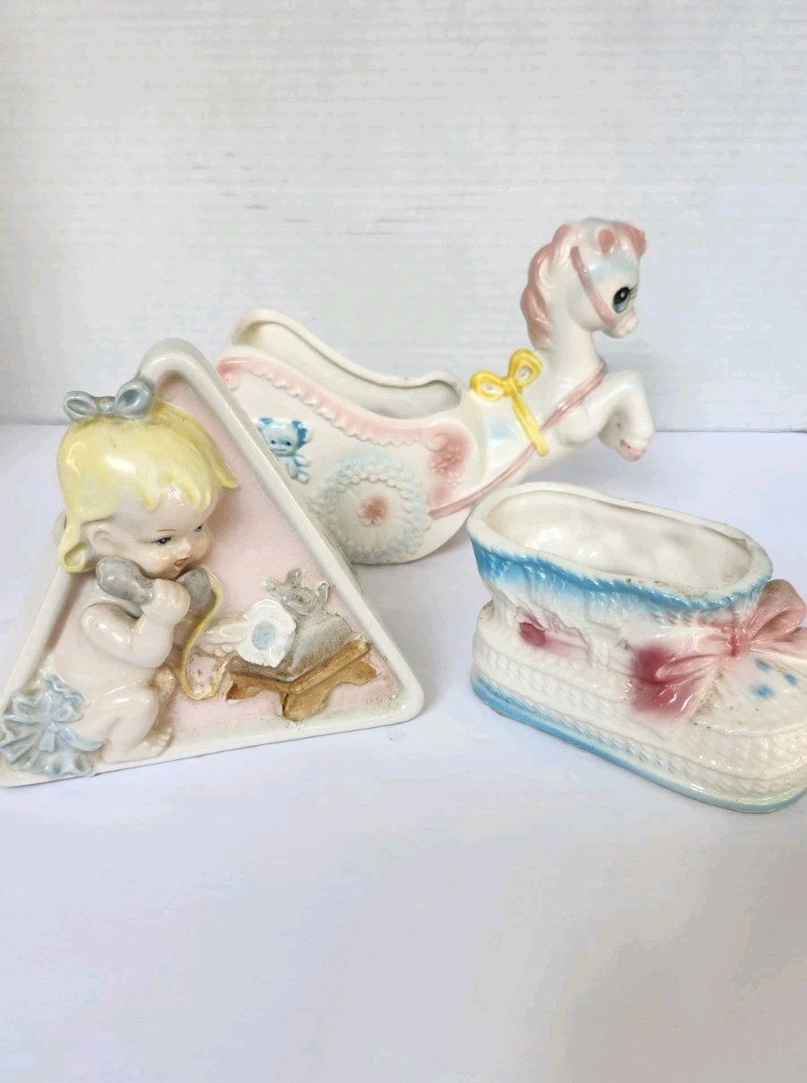 Rare Vintage 1950s Ceramic Girl Japan Figurine Pastel Nursery Decor Mod Mid
