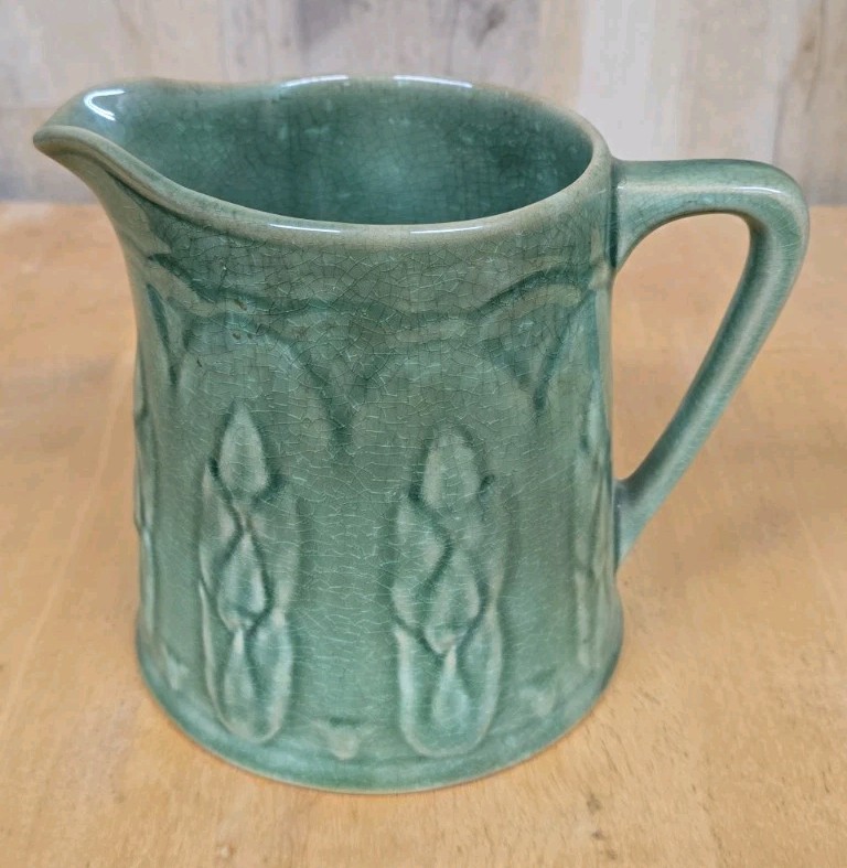 Antique McCoy Early Unmarked Pottery Green Asparagus Pitcher Jug Antique McCoy Early Unmarked Pottery Green Asparagus Pitcher Jug