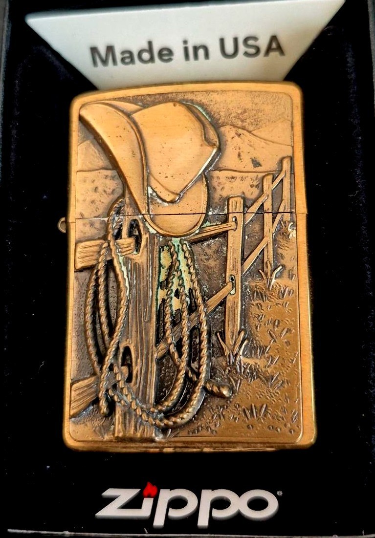 Rare 2008  Brass Cowboy Lasso &  Emblem Zippo Lighter