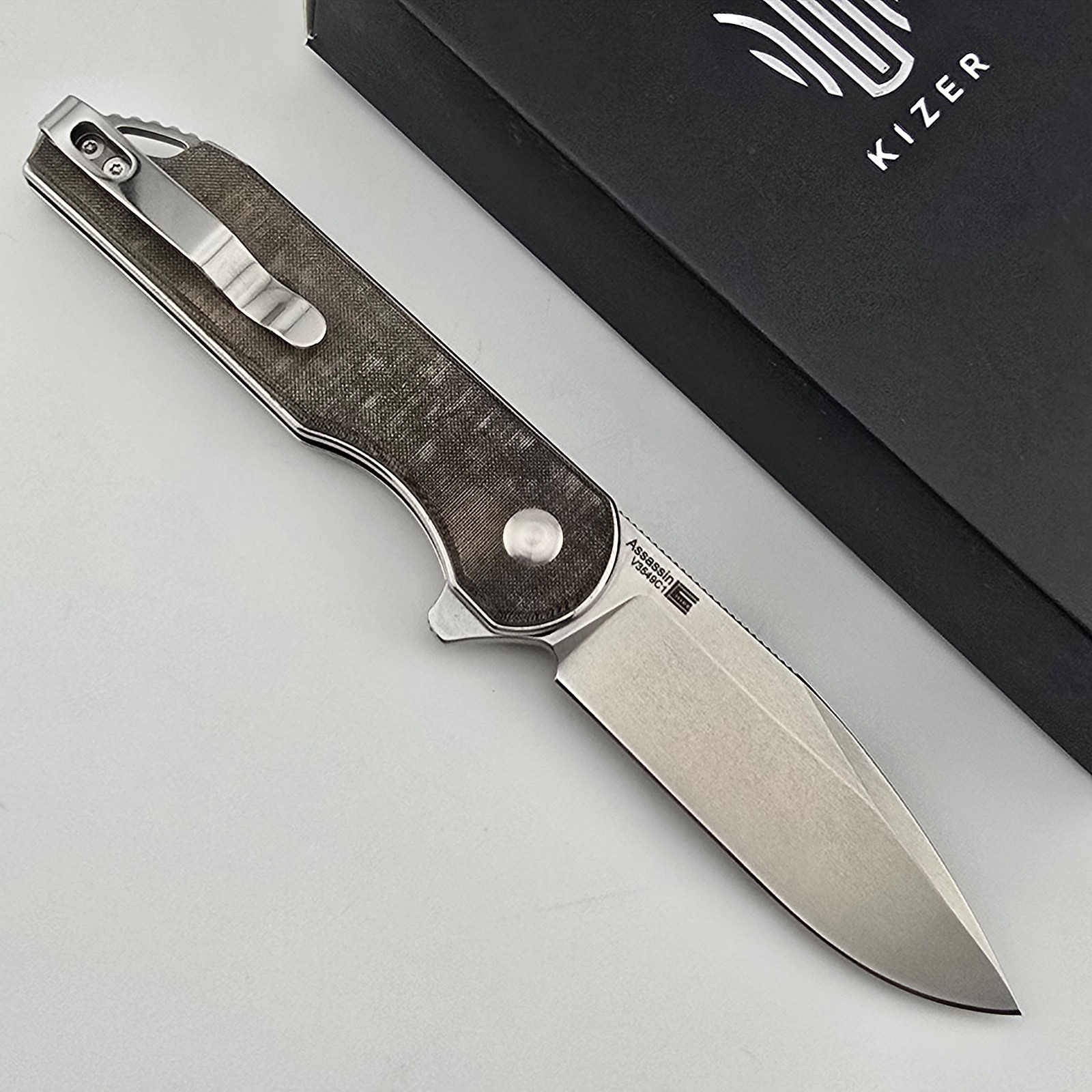 Kizer Assassin Folding Knife Drop Point 154CM Green Micarta Flipper V3549C1