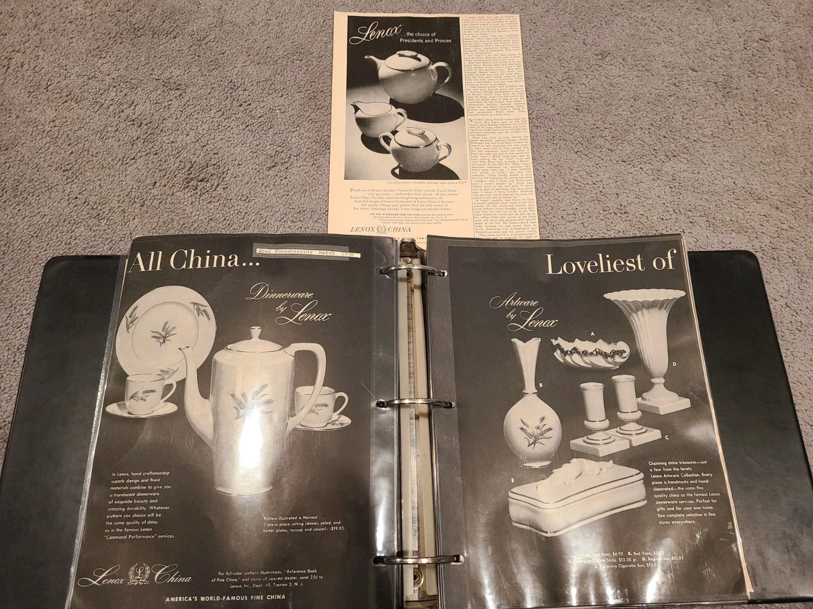 1954 1950s  Lenox China Lot Of 3  Vintage Print ad Vases Bowls Dinnerware B&W