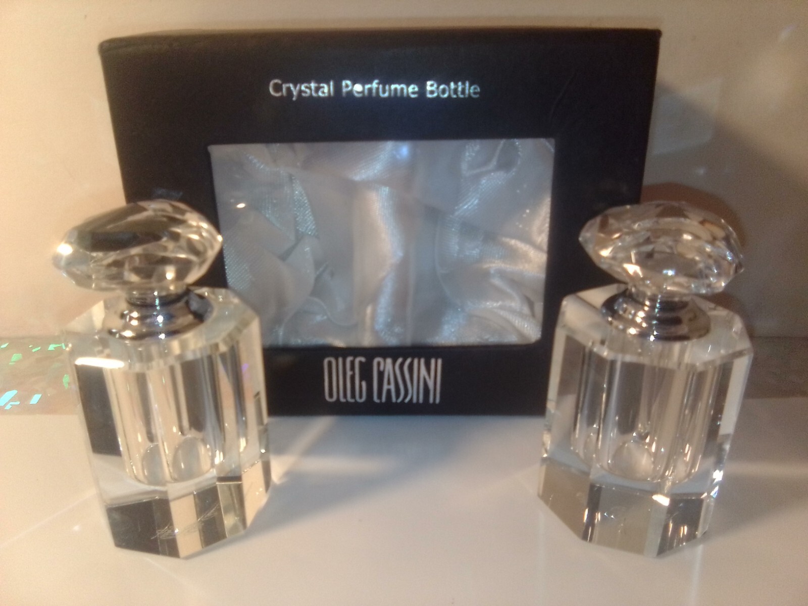 Oleg Cassini Crystal Refillable Perfume Bottles Glass Signed Set of 2 Heart