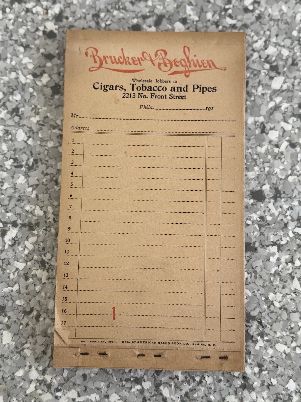 Antique Tobacconist Reciept For Store Unused Brucker & Boghien Pipes Cigars 1910