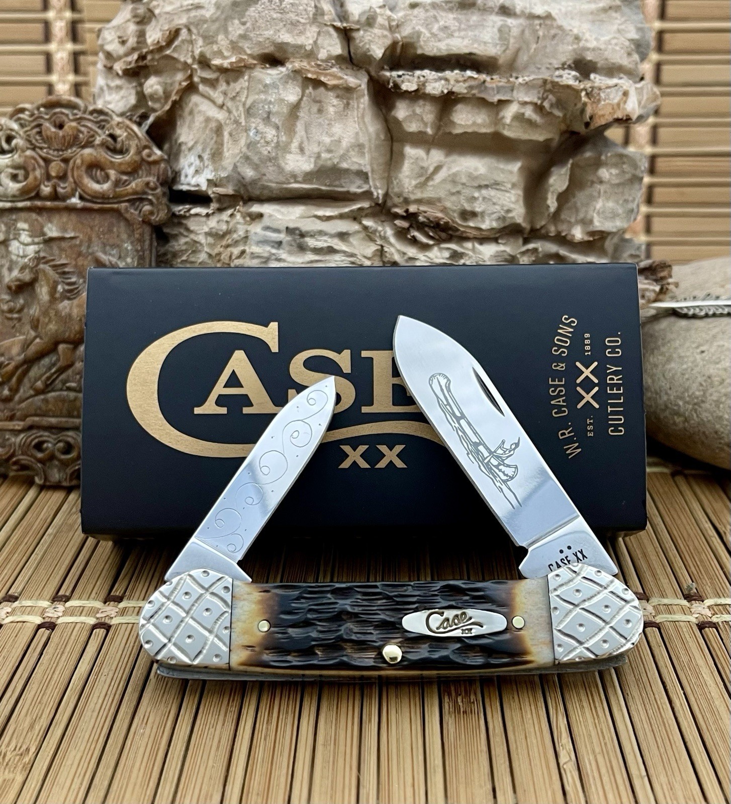 Case XX Amazing Custom Hand-Fired Peachseed AMBER Bone Canoe Pocket Knife #48