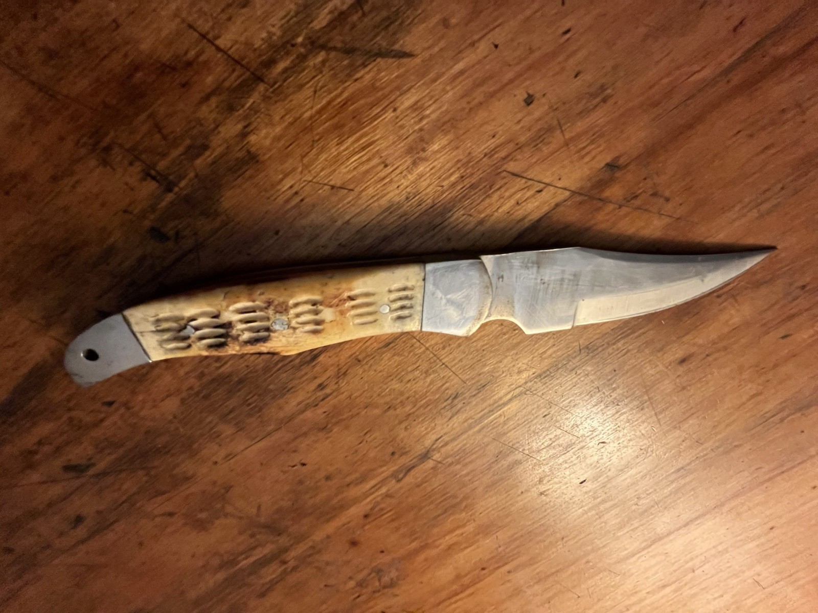 Vintage Stag Handled Fixed Blade Knife With Leather Sheath Sharpening Stone Vintage Stag Handled Fixed Blade Knife With Leather Sheath Sharpening Stone