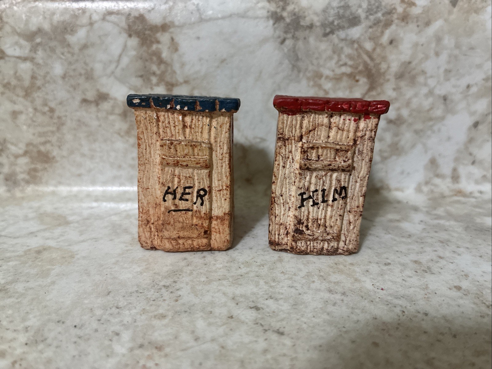 Vintage Salt Pepper Shakers Novelty Red Blue Outhouse Him Her