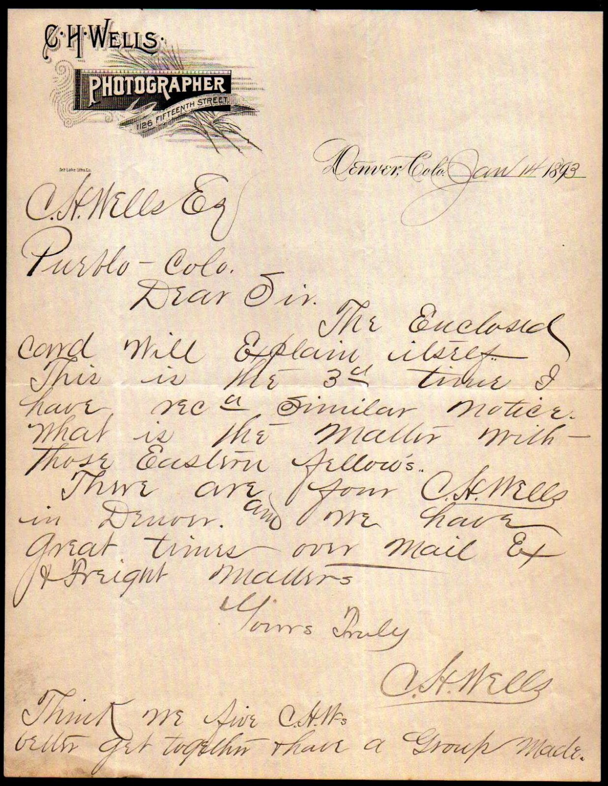 1893 Denver Co - C H Wells - Photographer - History Rare Letter Head Bill