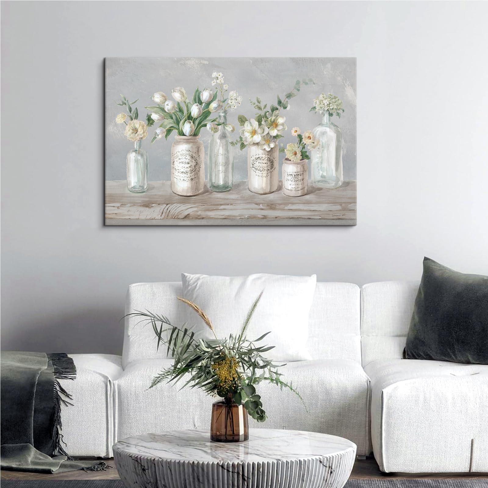 7Fisionart Vintage Farmhouse Floral Wall Art 5 Jar White Tulip Lily Of The
