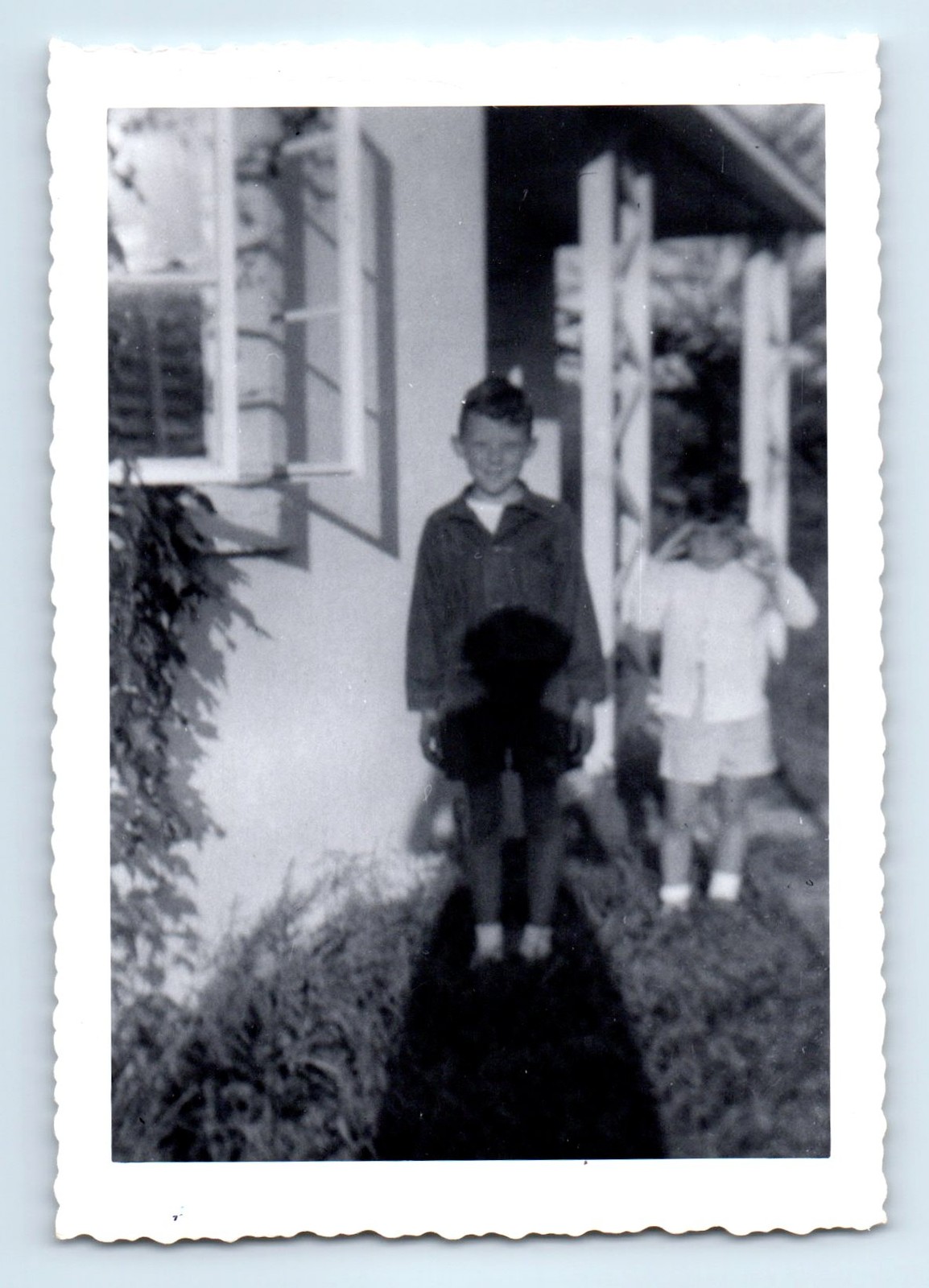 Old Vintage Photo PAIR DUO BOYS OUTSIDE HOUSE LONG SHADOW SNAPSHOT PICTURE