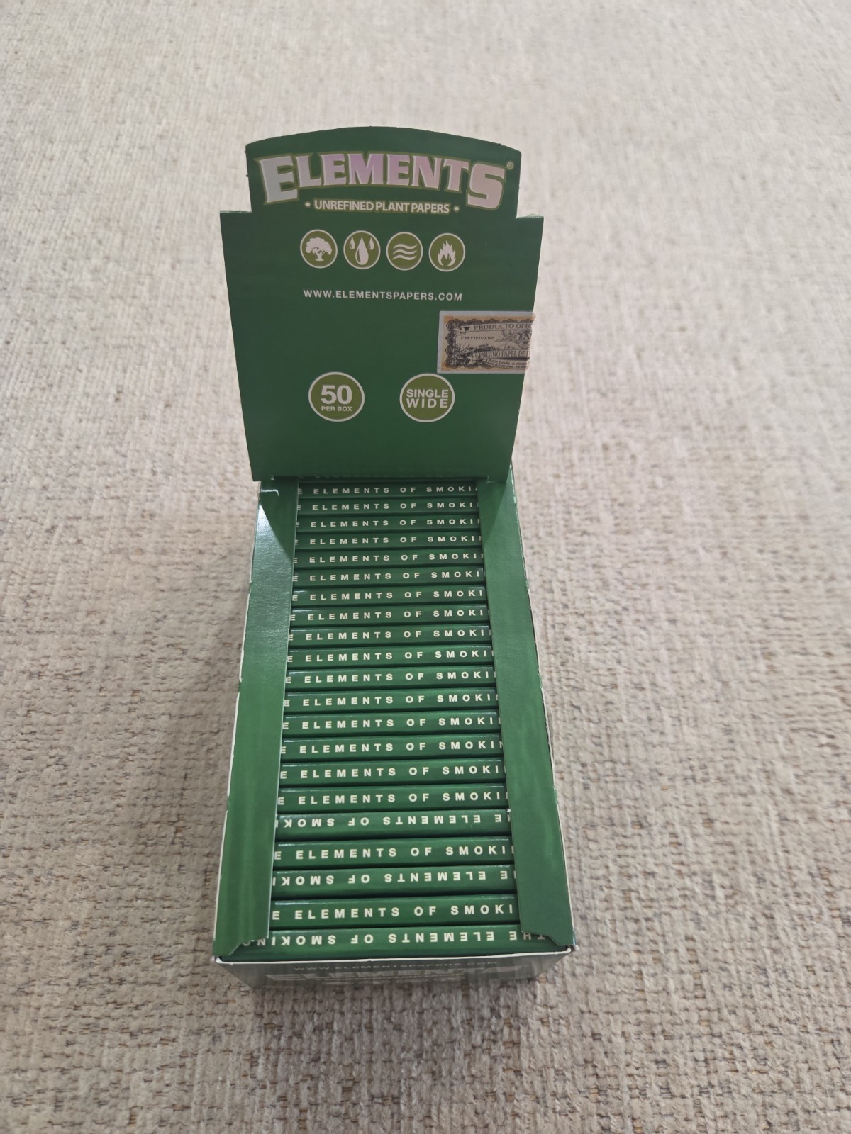 Elements | GREEN Single Wide Unrefined Plant Rolling Papers | 50 Packs Per Box