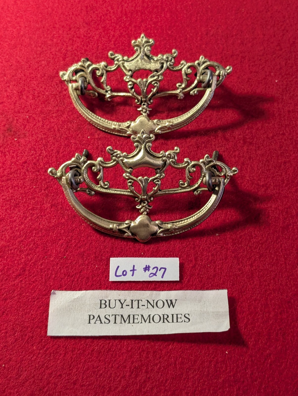 SET OF 2 c1900 VINTAGE BRASS DRAWER PULL HANDLES, OLD ANTIQUE HARDWARE LOT #27