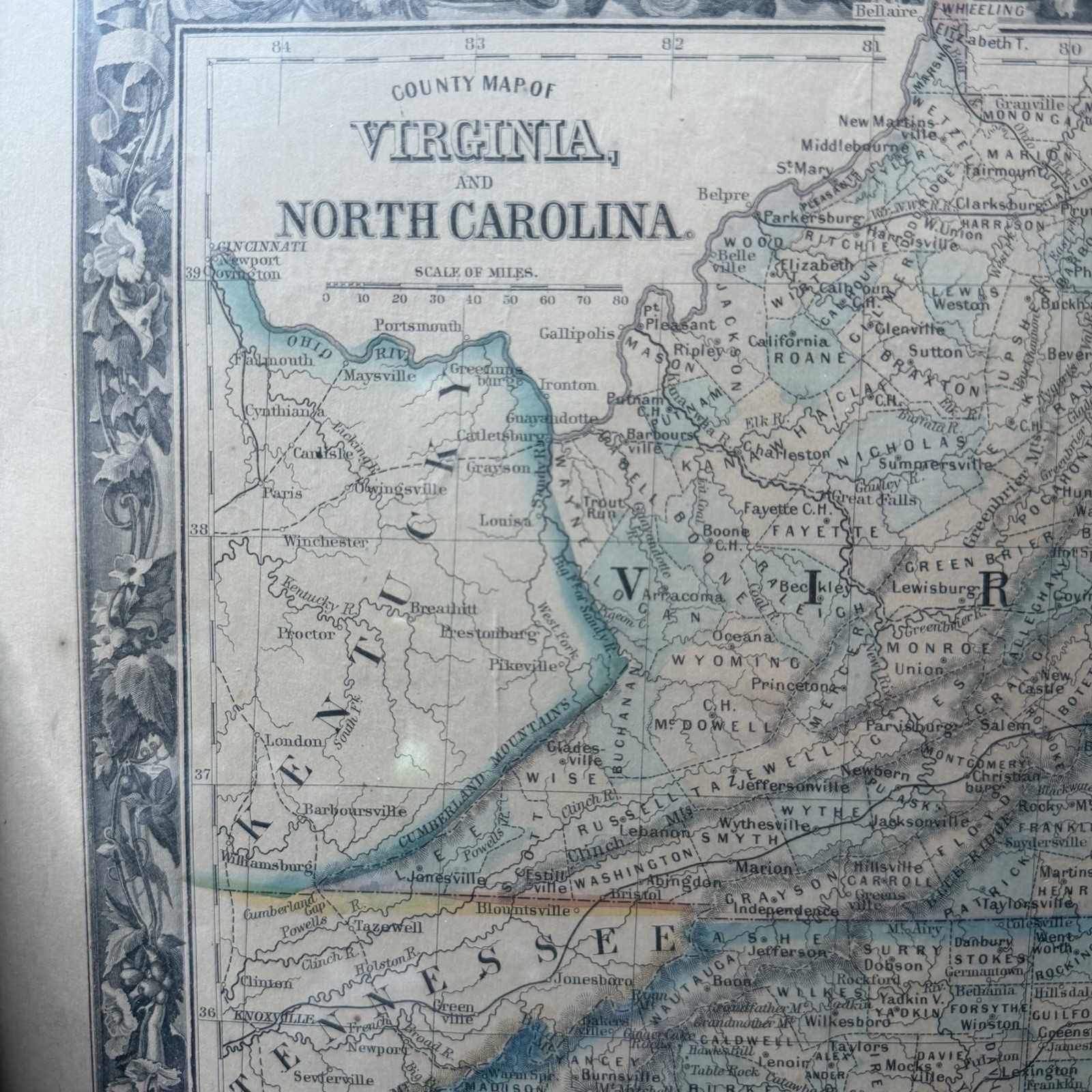 1860 Antique Map Virginia North Carolina Samuel Mitchell Civil War Era Floral