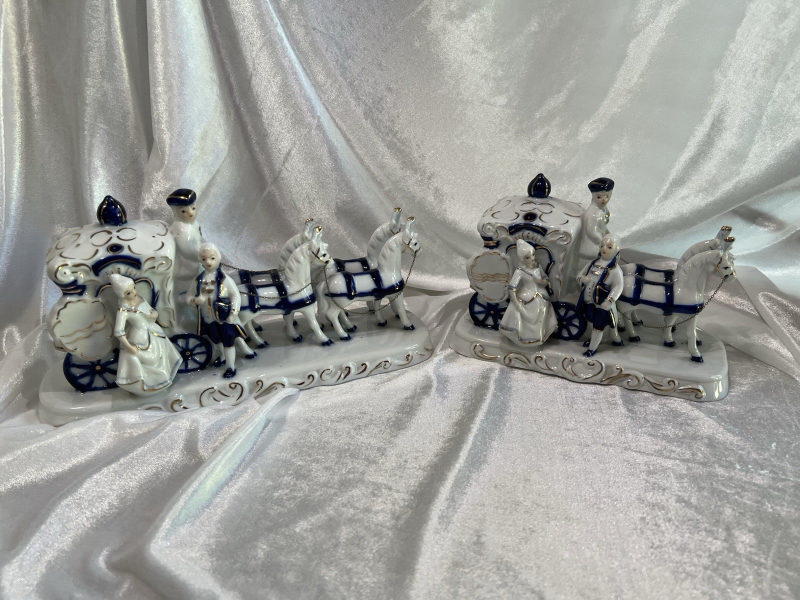 Vintage Blue And White Porcelain Horse Drawn Carriages