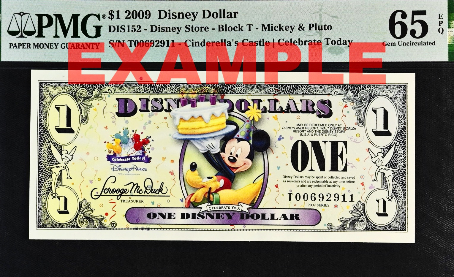 2009 $1 Disney Dollar Mickey & Pluto PMG 65 EPQ (DIS152)