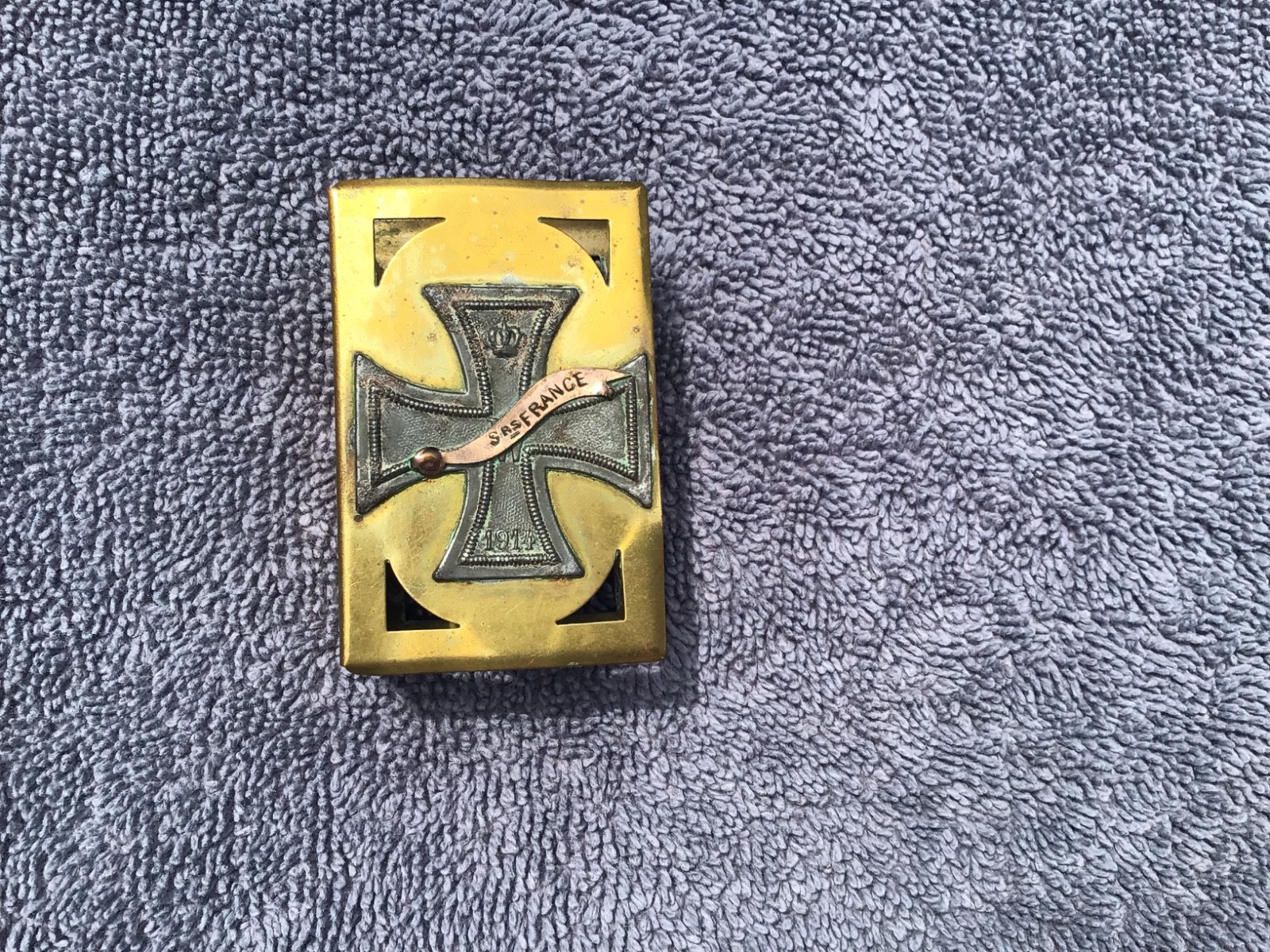 German  WWI era  brass  matchbox  cover  Iron Cross  1914  France  Original