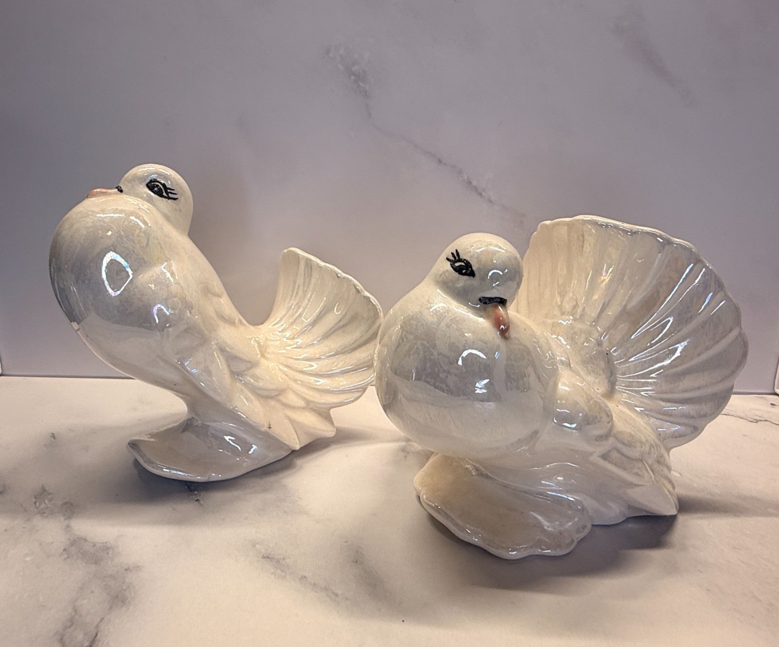 Vintage Pearl Lusterware Ceramic Dove Planter Pair Lovebirds Iridescent Figurine