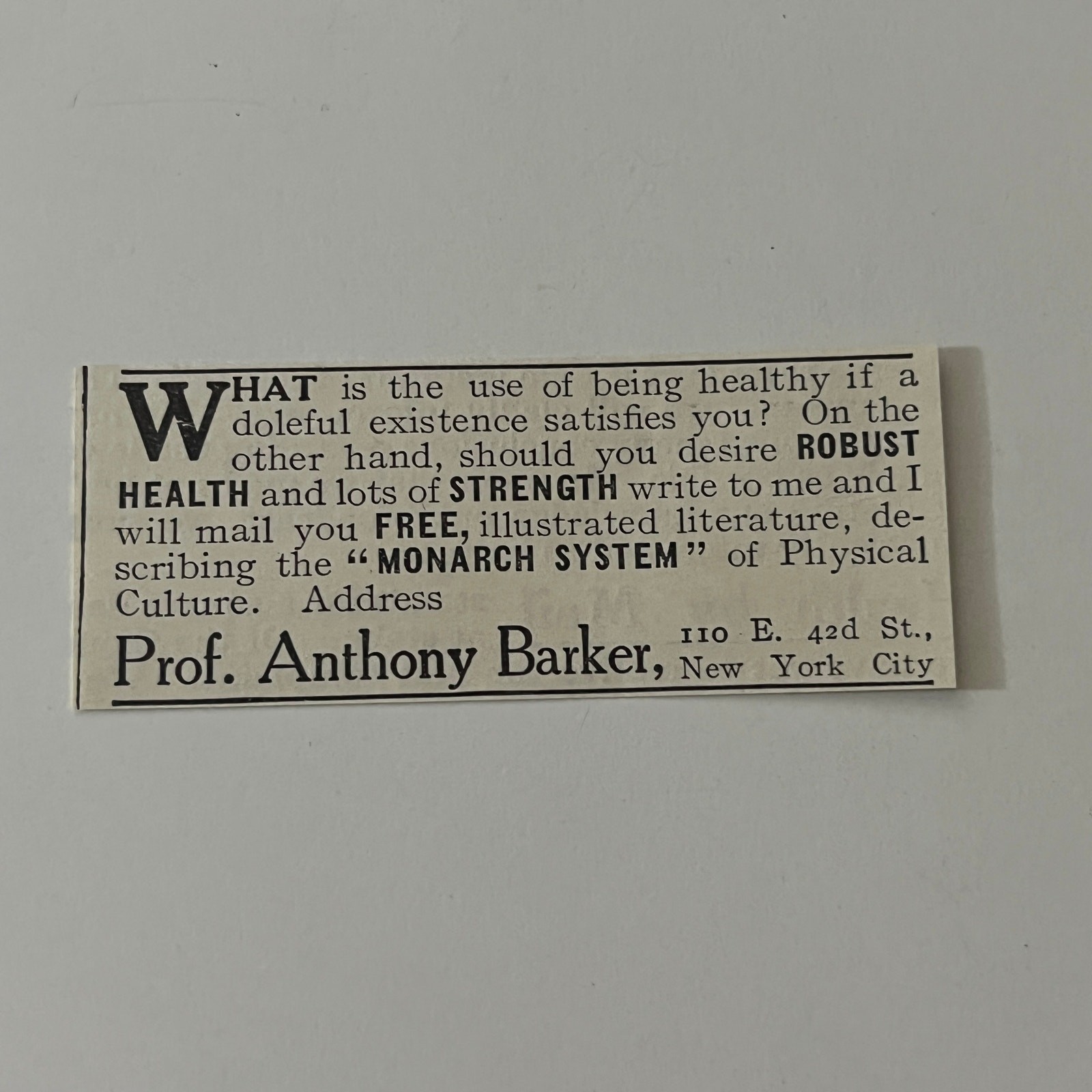 Monarch System Of Physical Culture Prof Anthony Barker NY City 1909 Ad SAJ4-S15