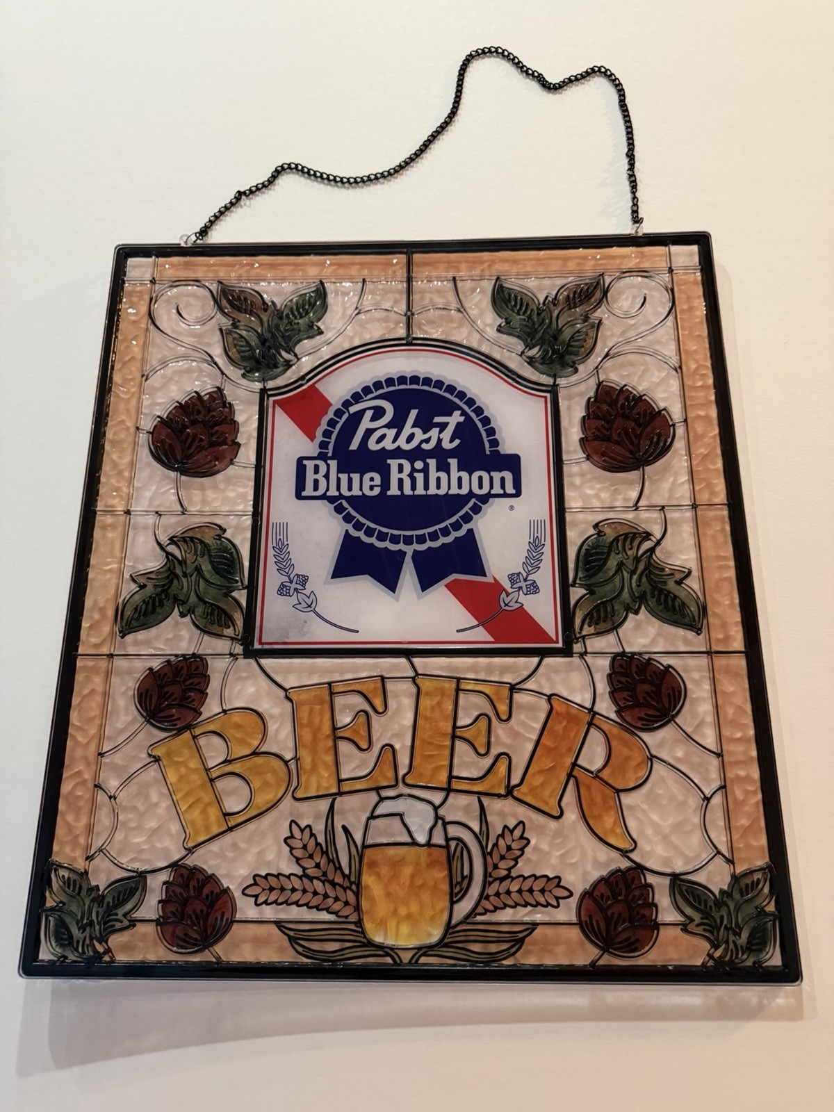 Pabst Blue Ribbon Beer Replica Stained Glass Style Sign W/Hanging Chain