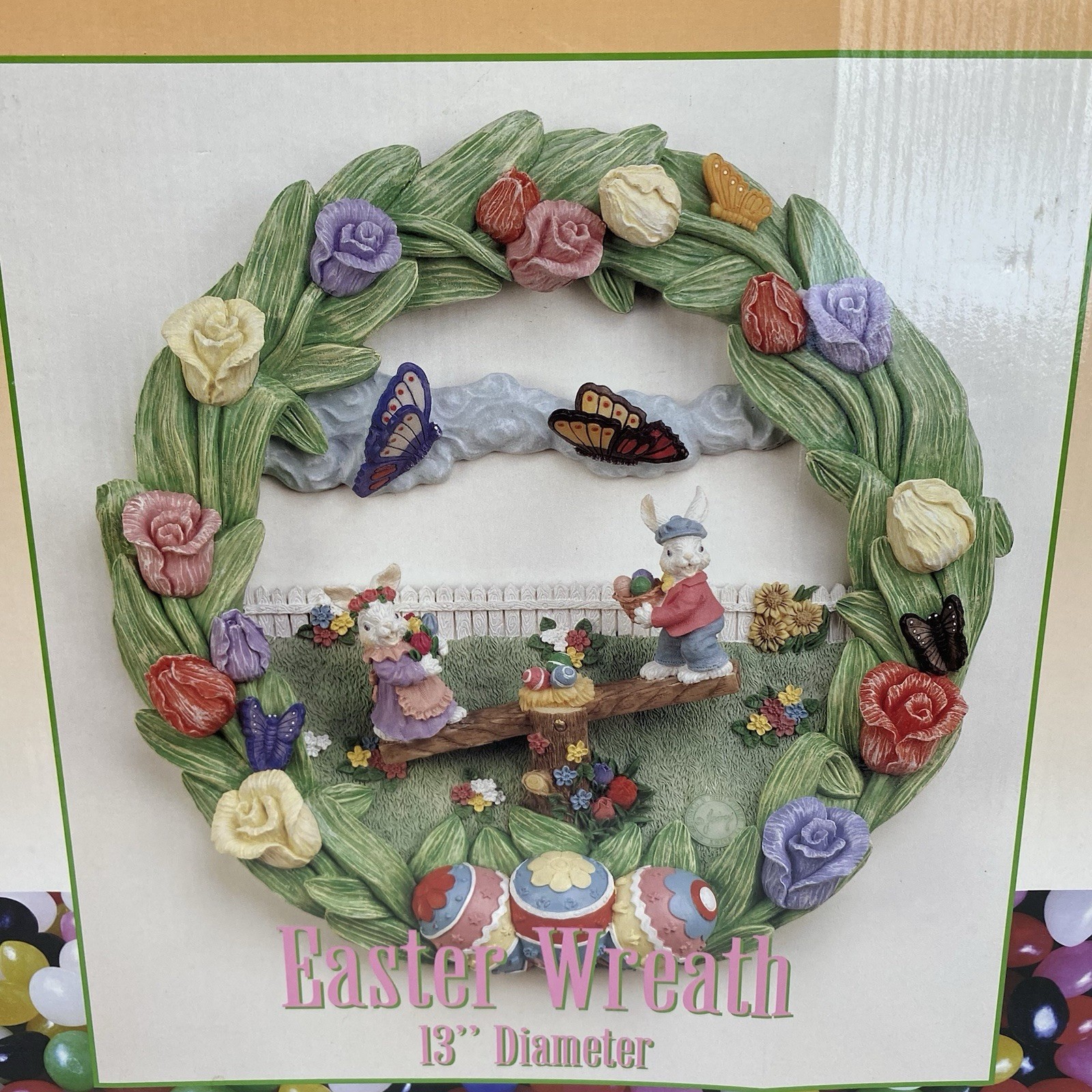 Easter Resin Wreath Bunny Butterflies Tulips  Seesaw Holiday Spring 13” VTG