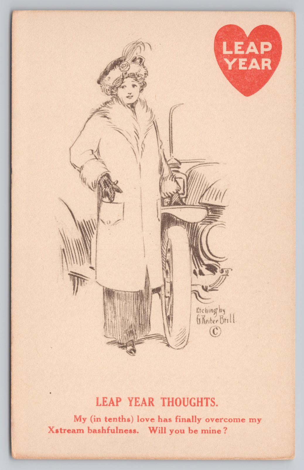 1911 Leap Year Postcard Etching by G. Rexer Brill Automobile Humor H.M. Rose Val
