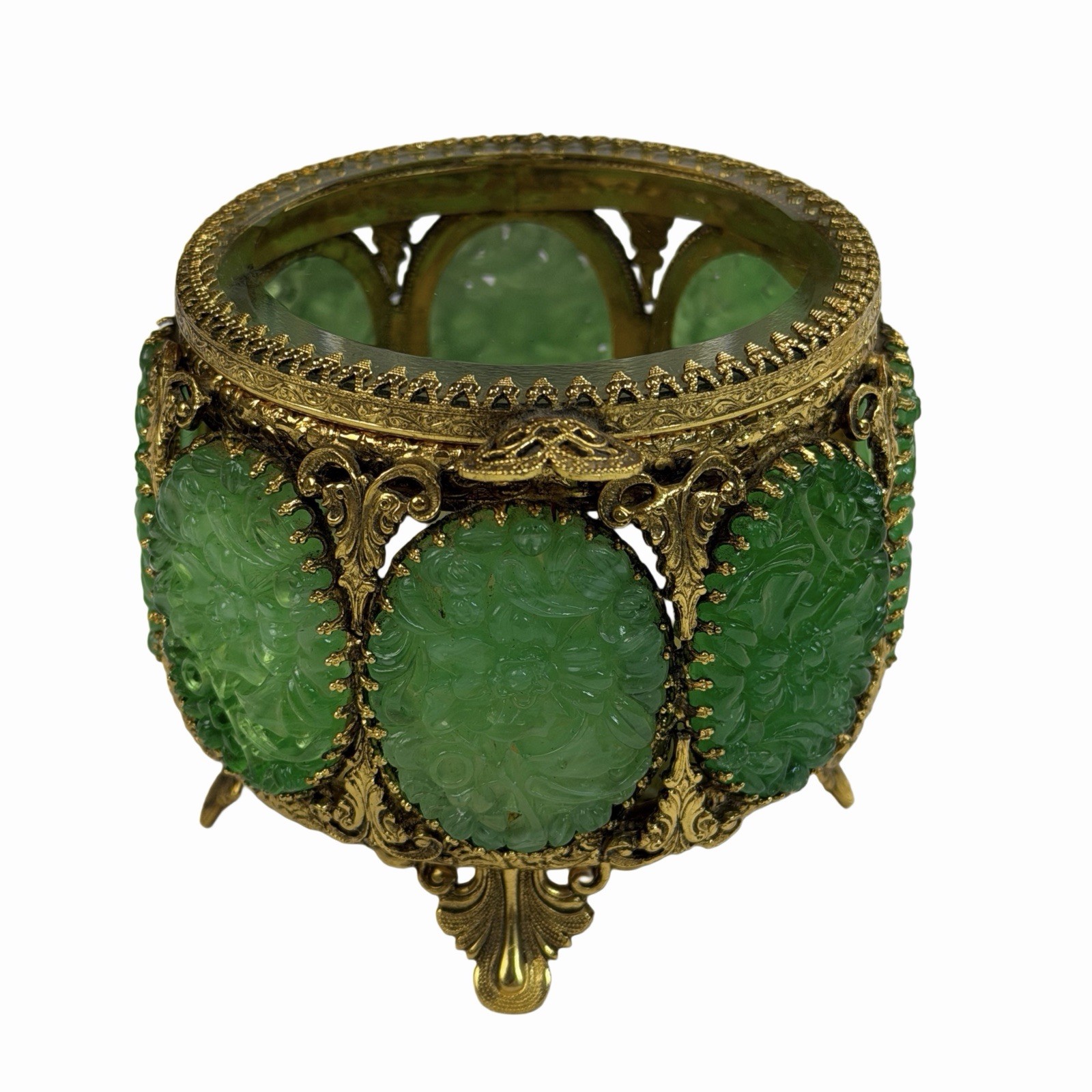 1960s Ormolu Gold Gilt & Jade Art Glass Jewelry Box by ‘STYLEBUILT’ Vintage Rare