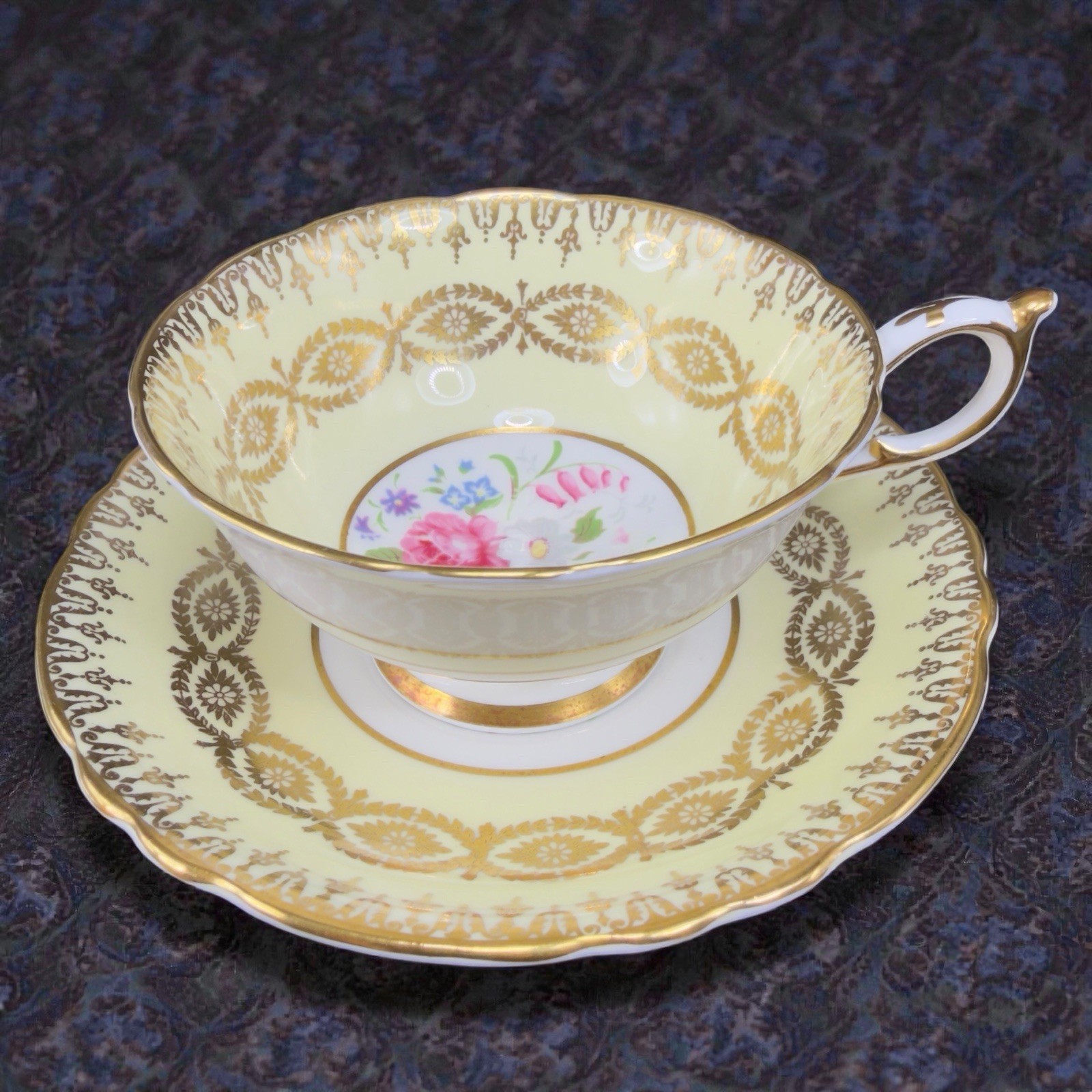 Antique Paragon Cabbage Rose Tea Cup and Saucer Set Heavy Gold Pattern England
