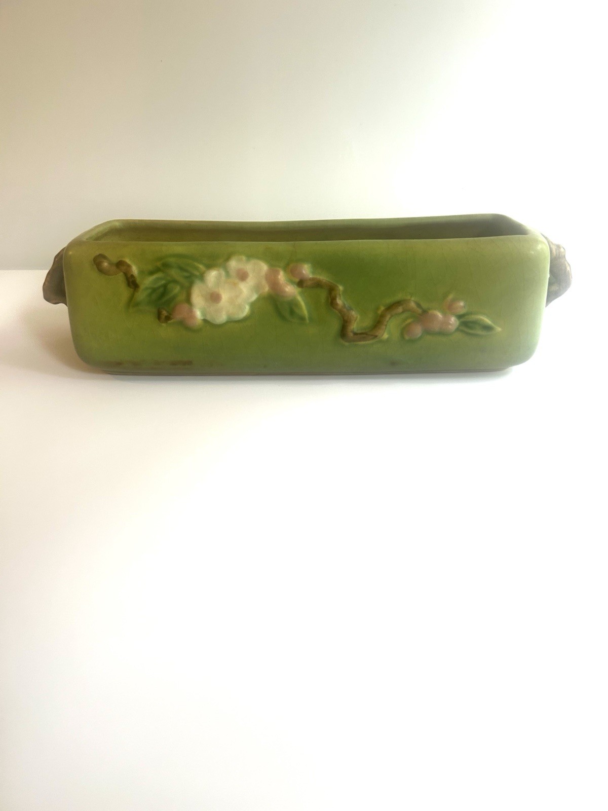 Vintage Roseville Art Pottery Green Apple Blossom Window Box Vase #368-8”