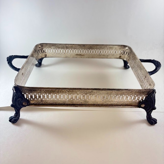 Vintage Silver Plated Footed Square Casserole Dish Holder W/Handles Vintage Silver Plated Footed Square Casserole Dish Holder W/Handles