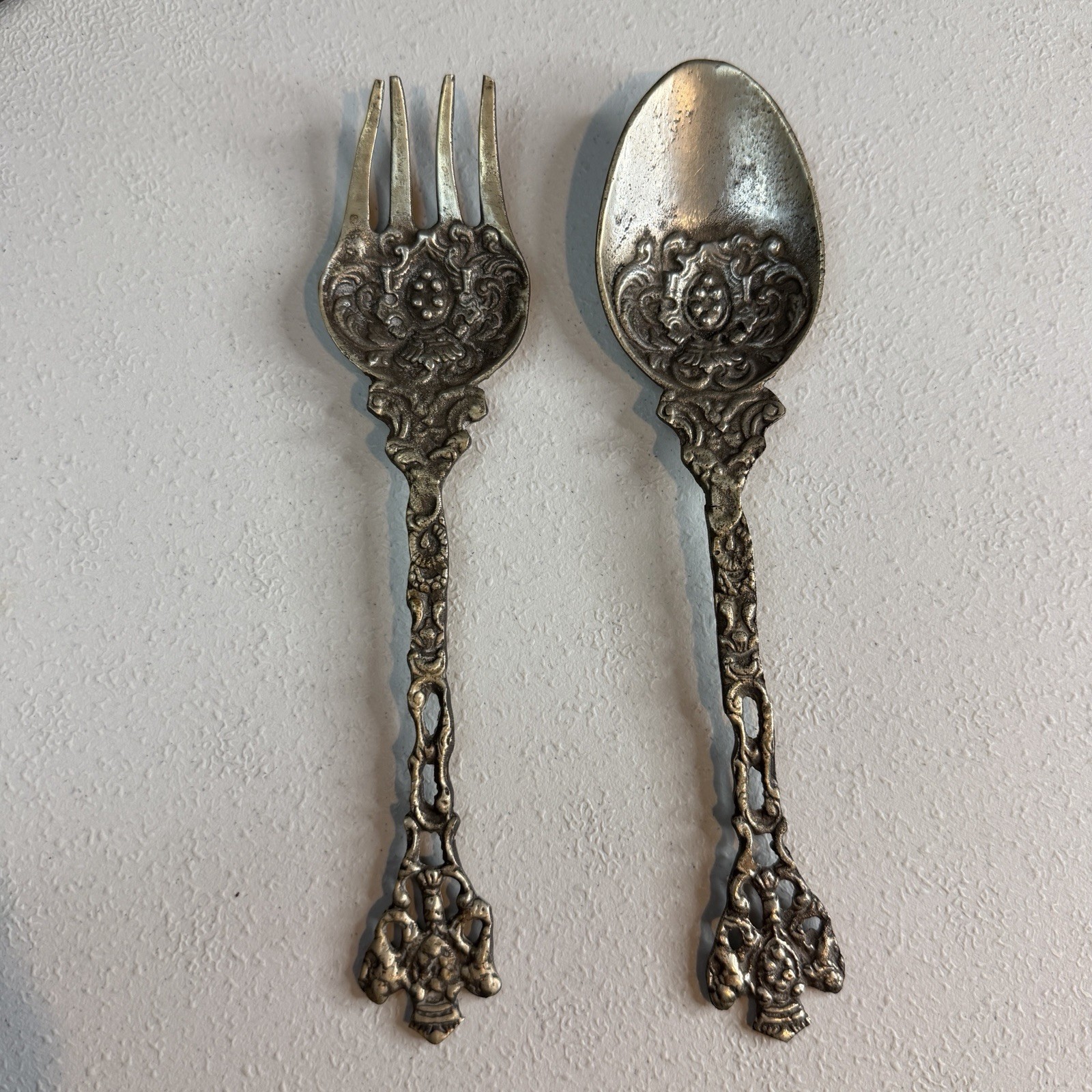 Vintage Large Italian Ornate Solid 7” Serving Spoon & Fork, Montagnani Style