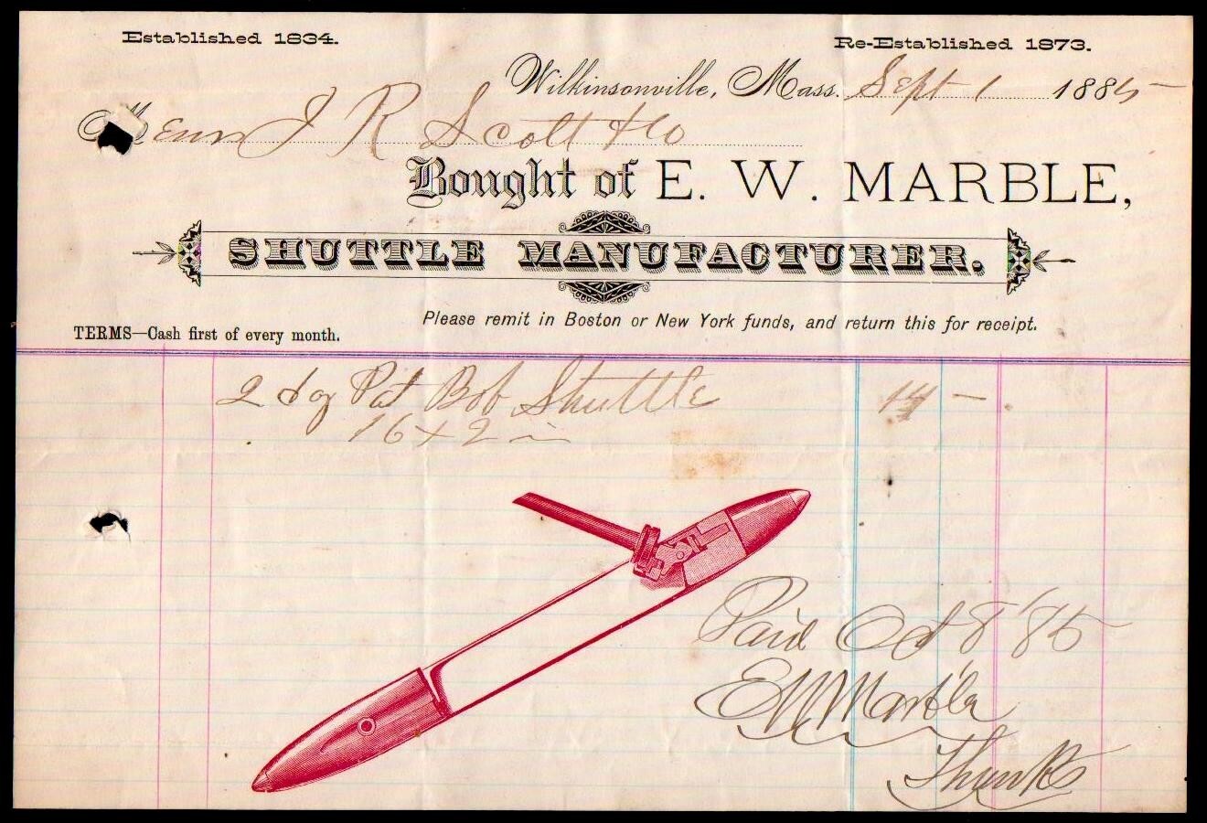 1884 Wilkinsonville Mo - E W Marble - Shuttles For Sewing  RARE Letter Head Bill