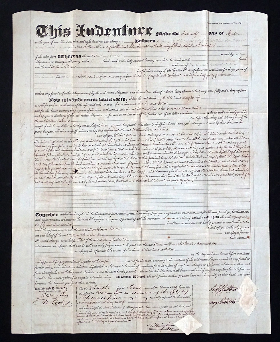 1833 Antique PHILADELPHIA DEED INDENTURE Document / CUTHBERT to WILLIAM DORANS