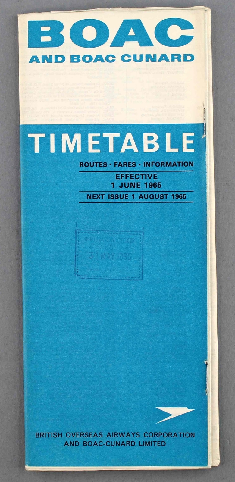 BOAC & BOAC CUNARD AIRLINE TIMETABLE JUNE 1965 B.O.A.C. ROUTE MAP