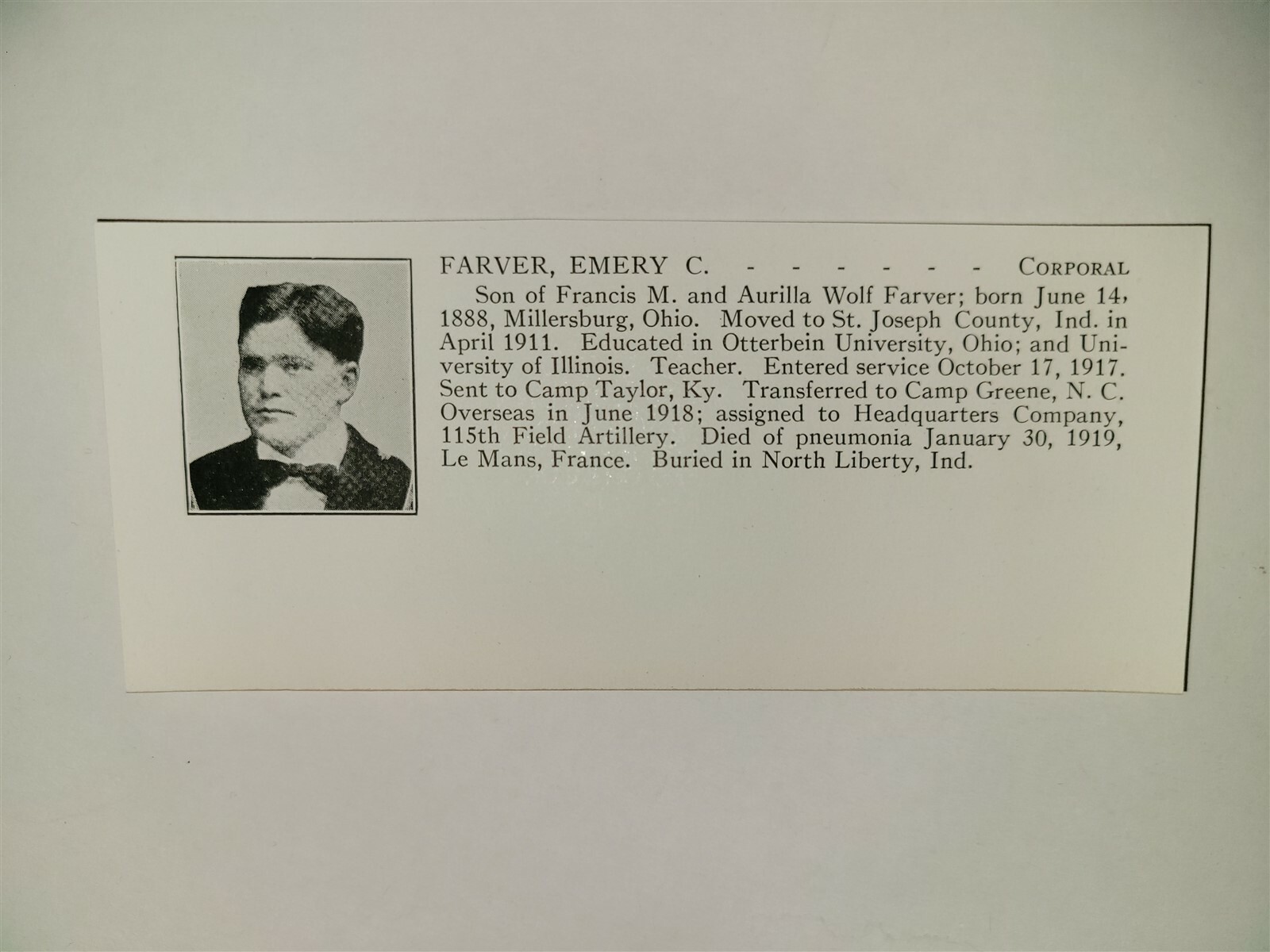 Emery Farver Millersburg Ohio Otterbein University 1921 WW1 Hero Panel Emery Farver Millersburg Ohio Otterbein University 1921 WW1 Hero Panel